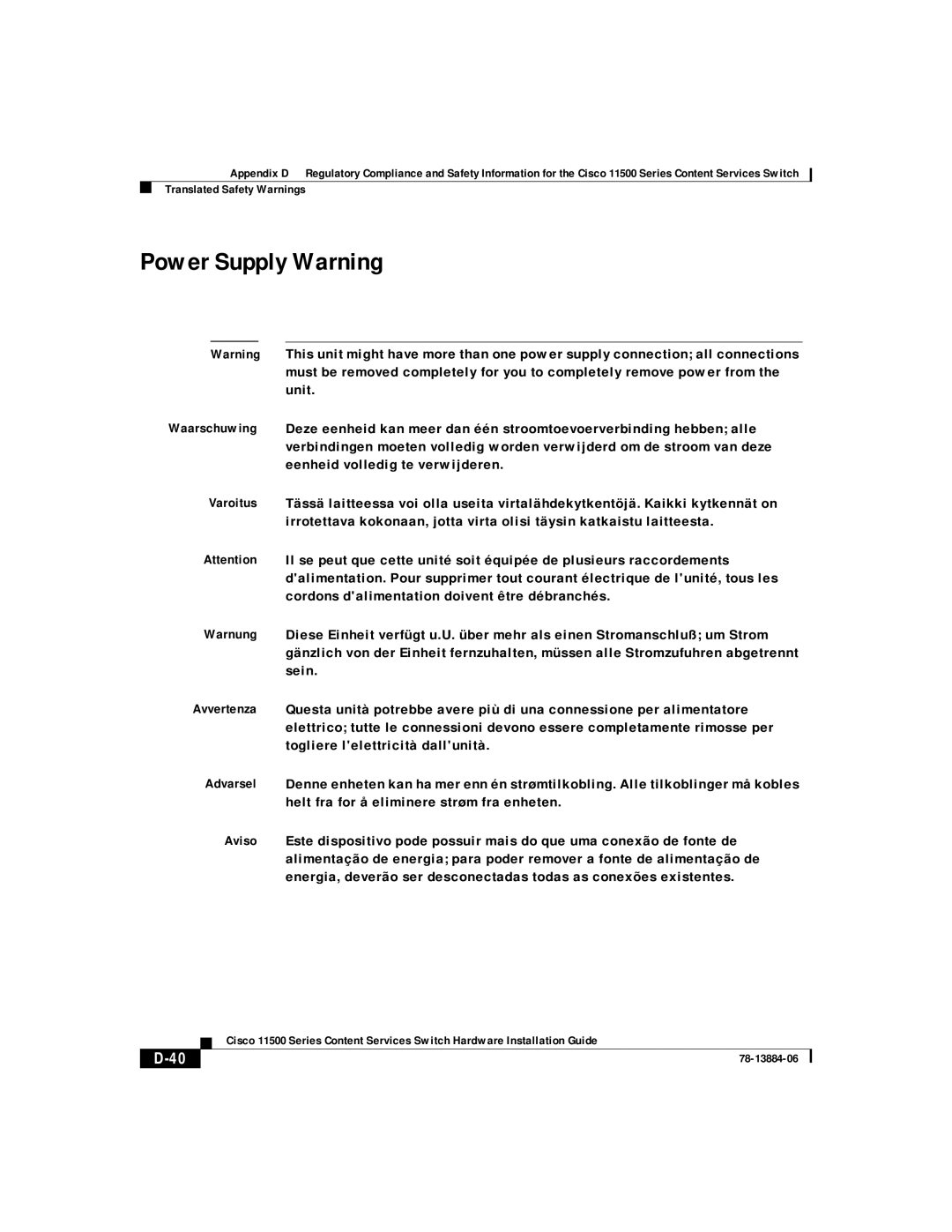 Cisco Systems 11506, 11503, 11501, 11500 appendix Power Supply Warning 