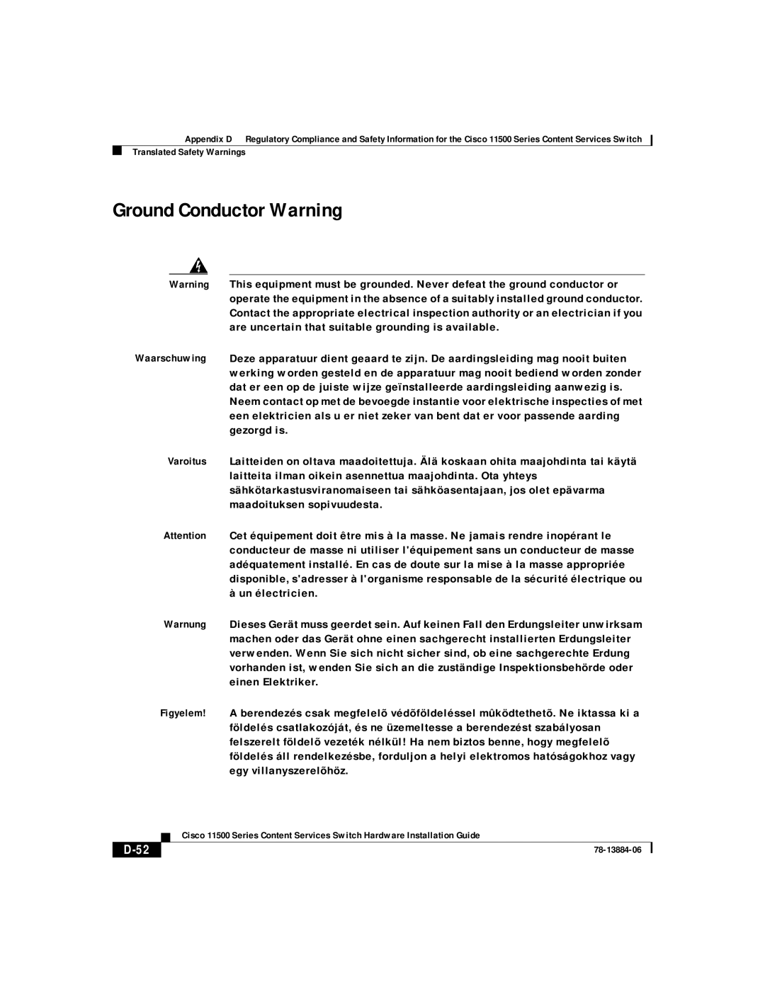 Cisco Systems 11506, 11503, 11501, 11500 appendix Ground Conductor Warning 