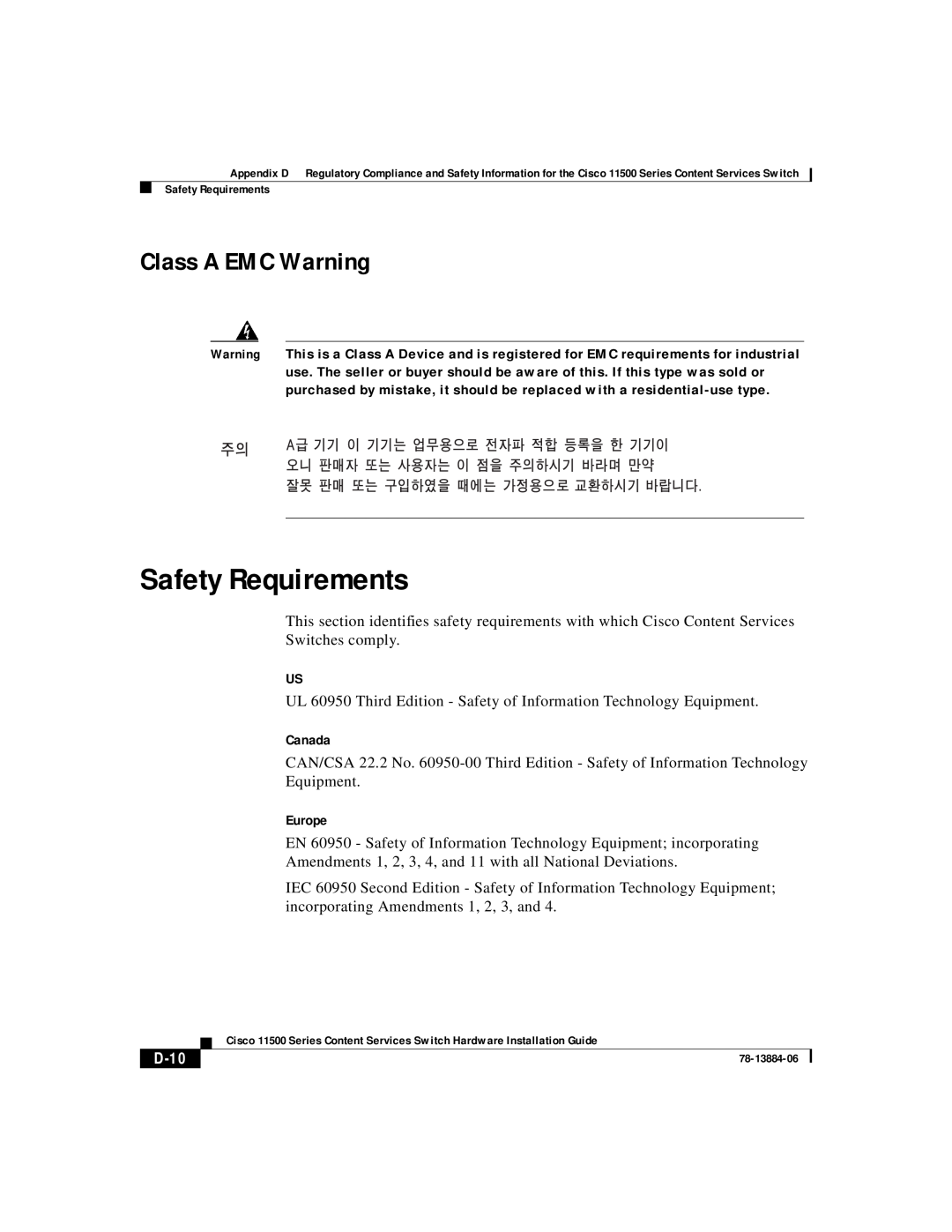 Cisco Systems 11501, 11506, 11503, 11500 appendix Safety Requirements, Class A EMC Warning, D-10 