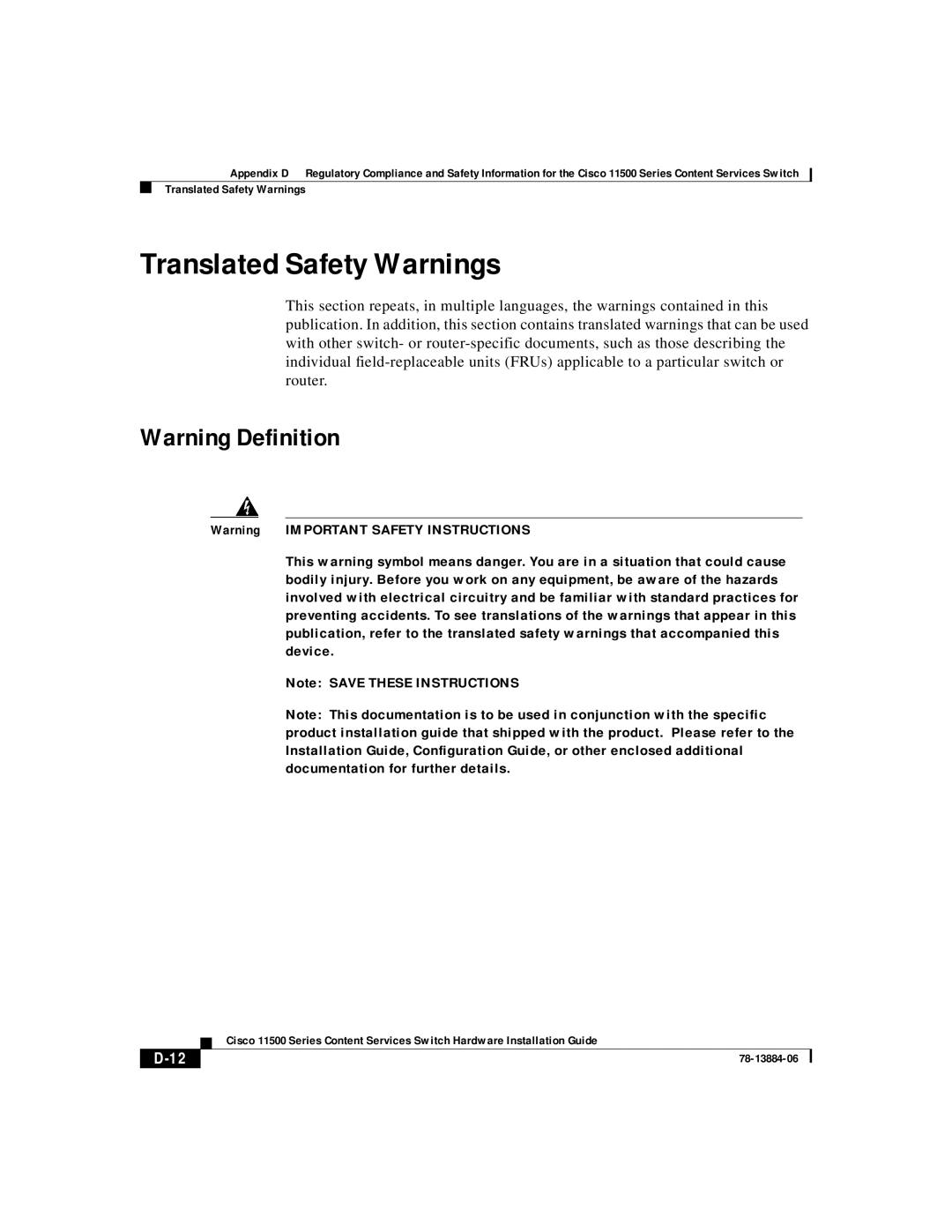 Cisco Systems 11506, 11503, 11501, 11500 appendix Translated Safety Warnings, Warning Definition, D-12 