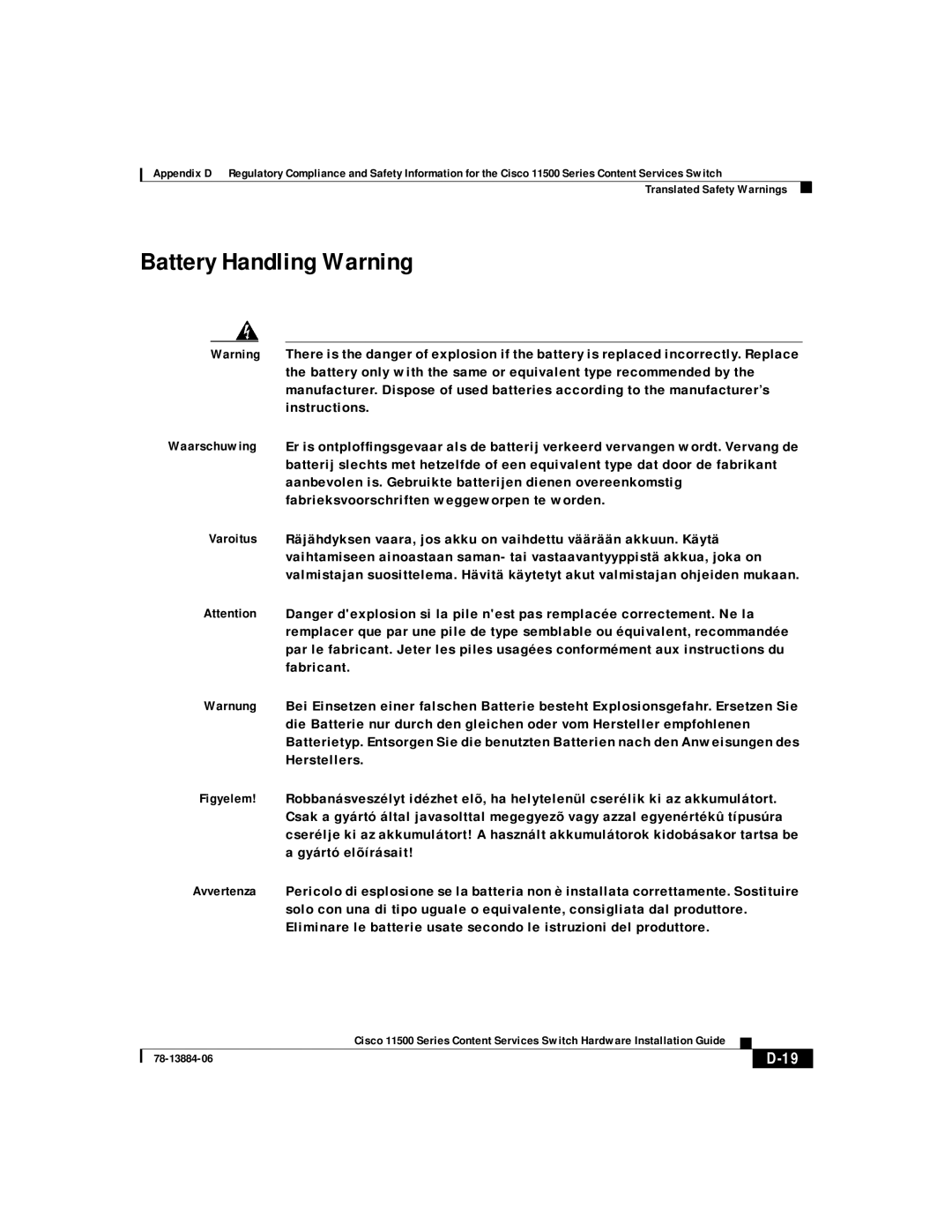 Cisco Systems 11500, 11506, 11503, 11501 appendix Battery Handling Warning, D-19 