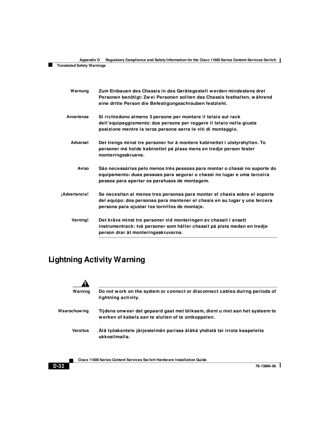 Cisco Systems 11506, 11503, 11501, 11500 appendix Lightning Activity Warning, D-32 