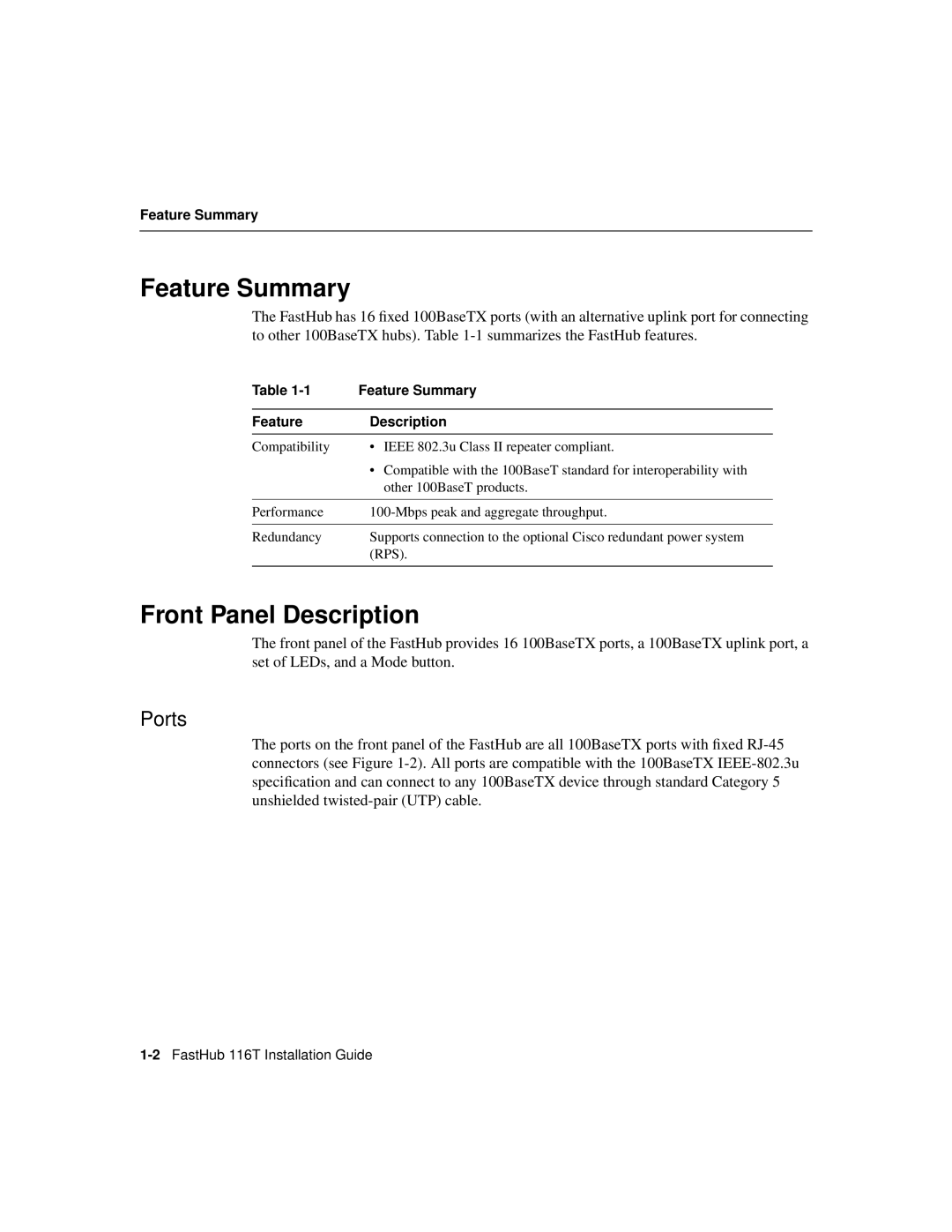 Cisco Systems 116T manual Feature Summary, Front Panel Description, Ports, Feature Description 