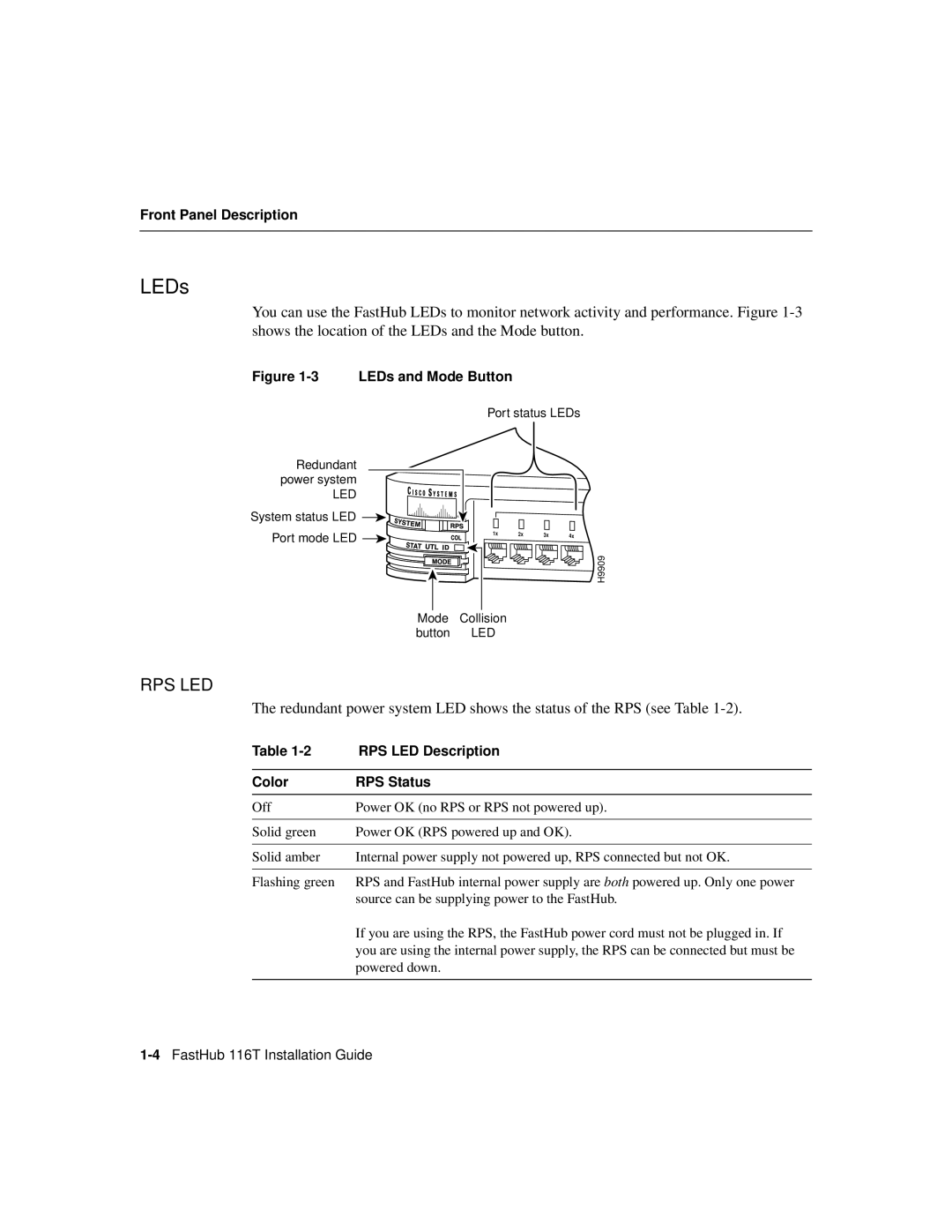 Cisco Systems 116T manual LEDs, RPS LED Description, Color RPS Status 