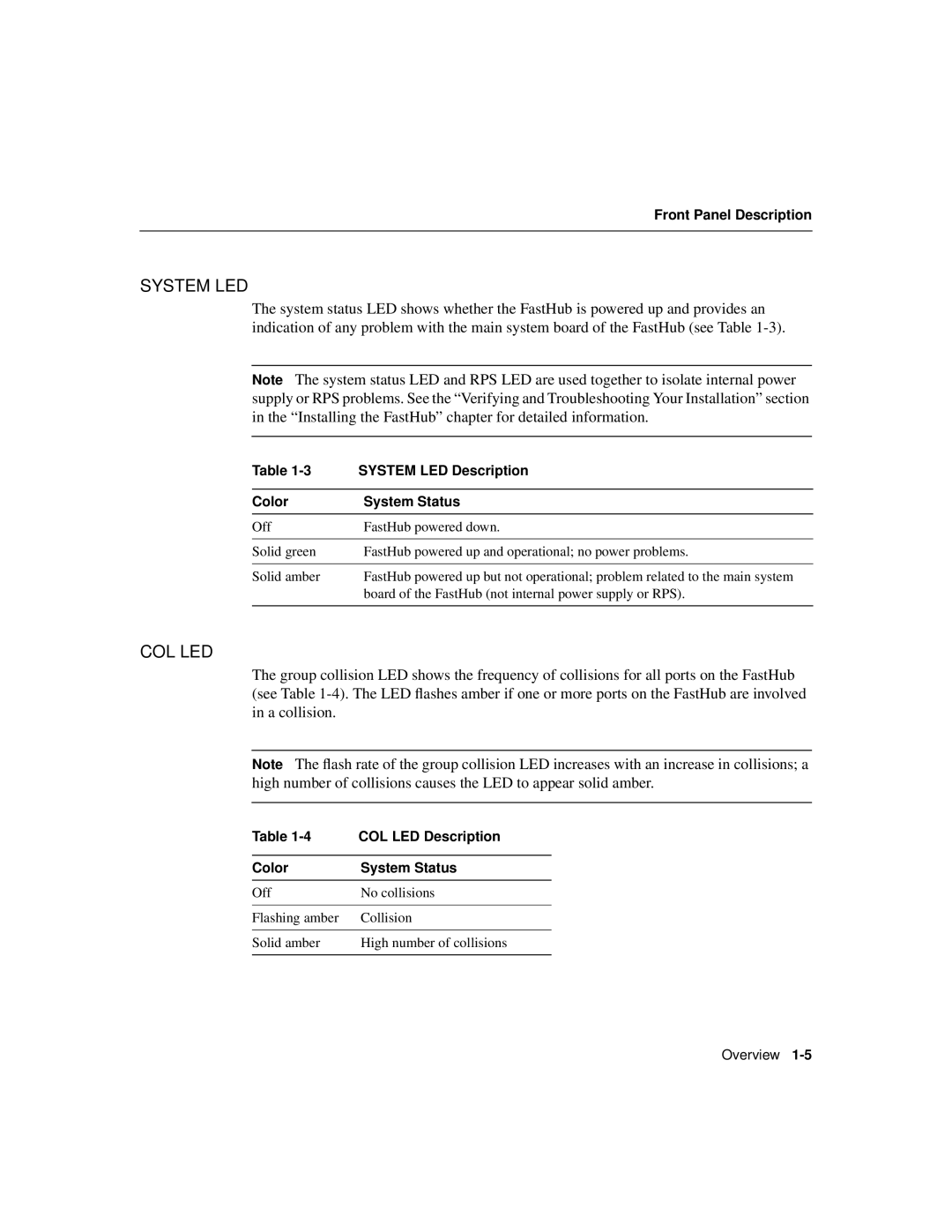 Cisco Systems 116T manual System LED Description, Color System Status, COL LED Description 