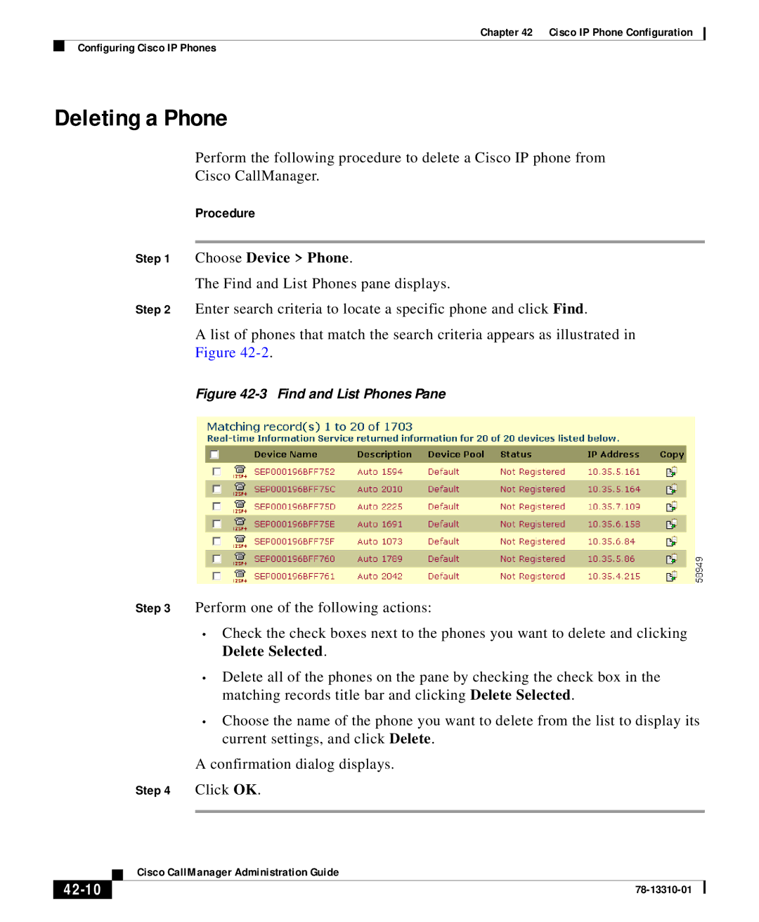 Cisco Systems 12 SP+ manual Deleting a Phone, 42-10 