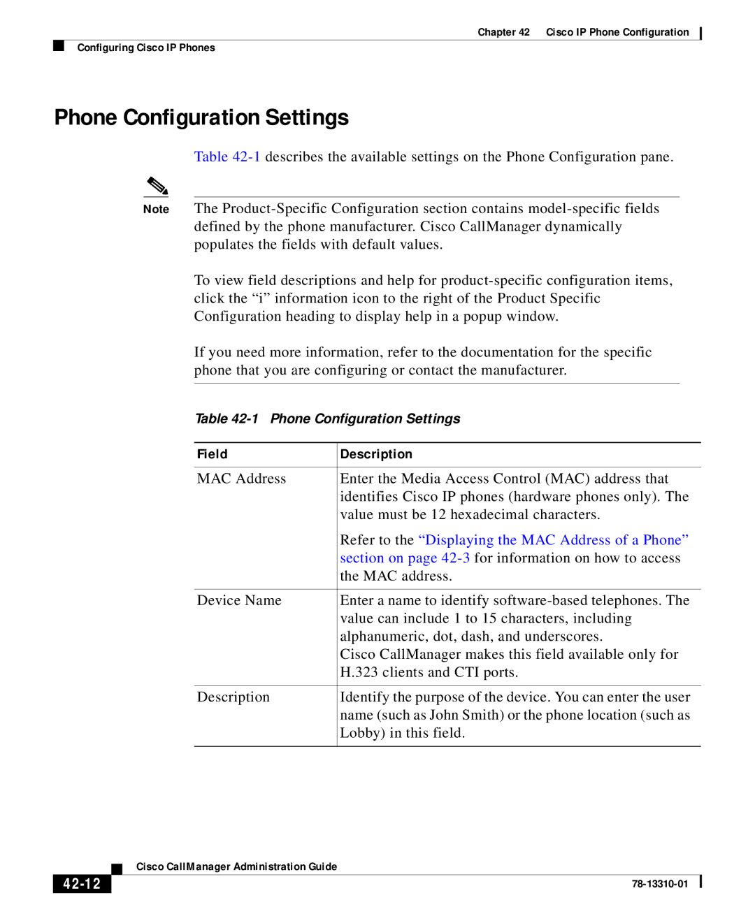 Cisco Systems 12 SP+ manual Phone Configuration Settings, 42-12 