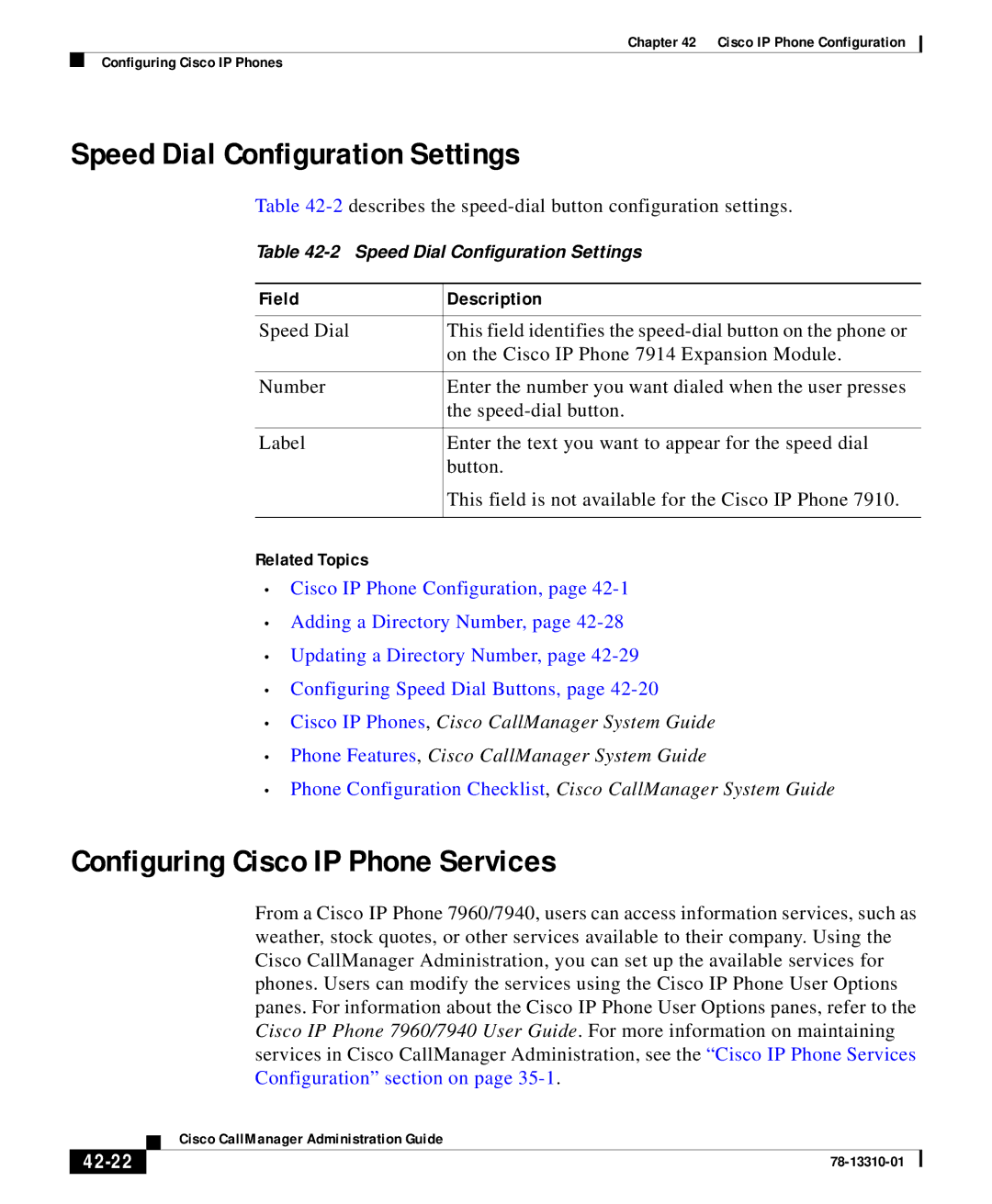 Cisco Systems 12 SP+ manual Speed Dial Configuration Settings, Configuring Cisco IP Phone Services, 42-22 