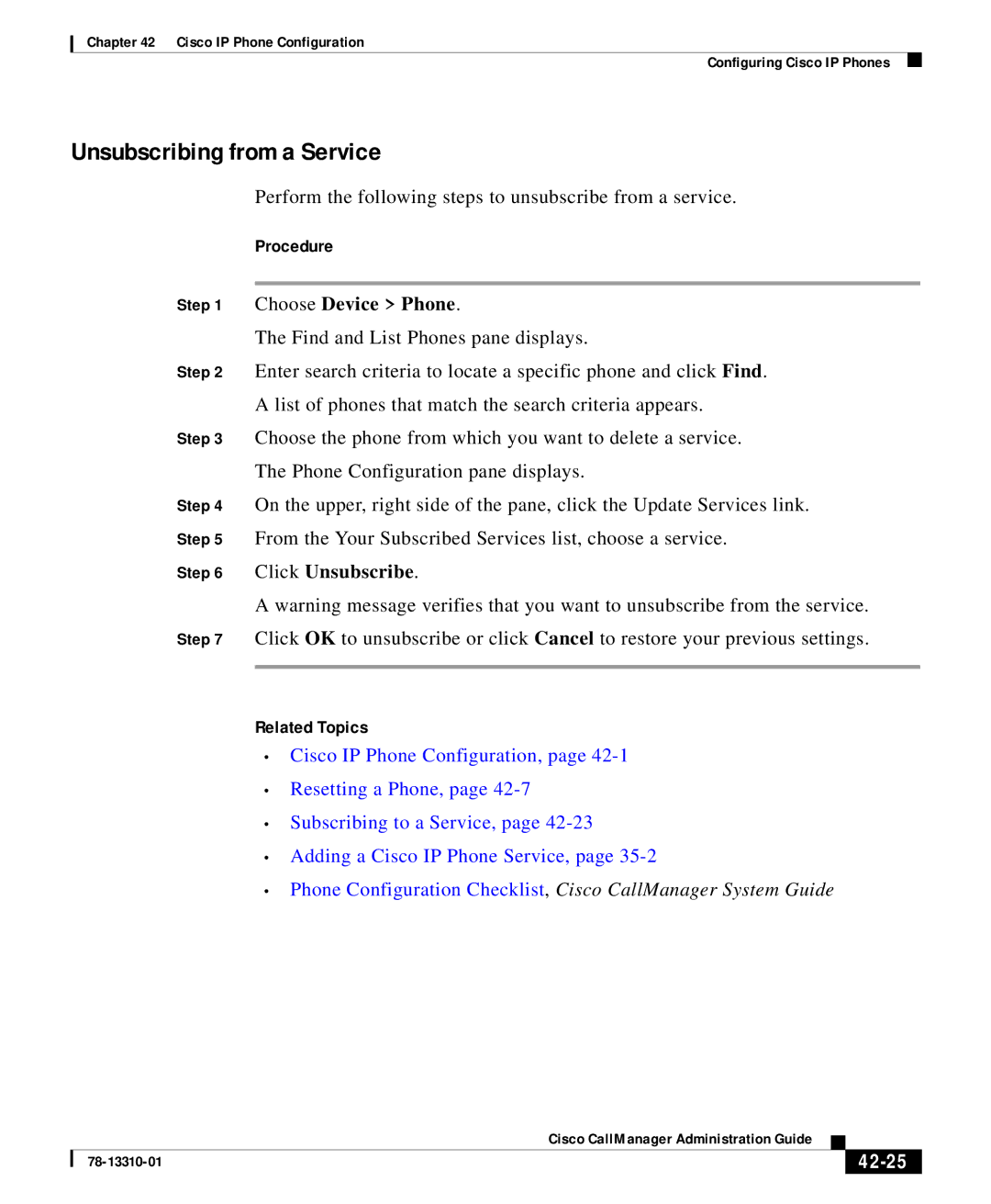 Cisco Systems 12 SP+ manual Unsubscribing from a Service, 42-25 