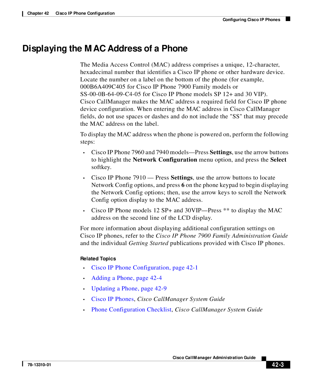 Cisco Systems 12 SP+ manual Displaying the MAC Address of a Phone, 42-3 