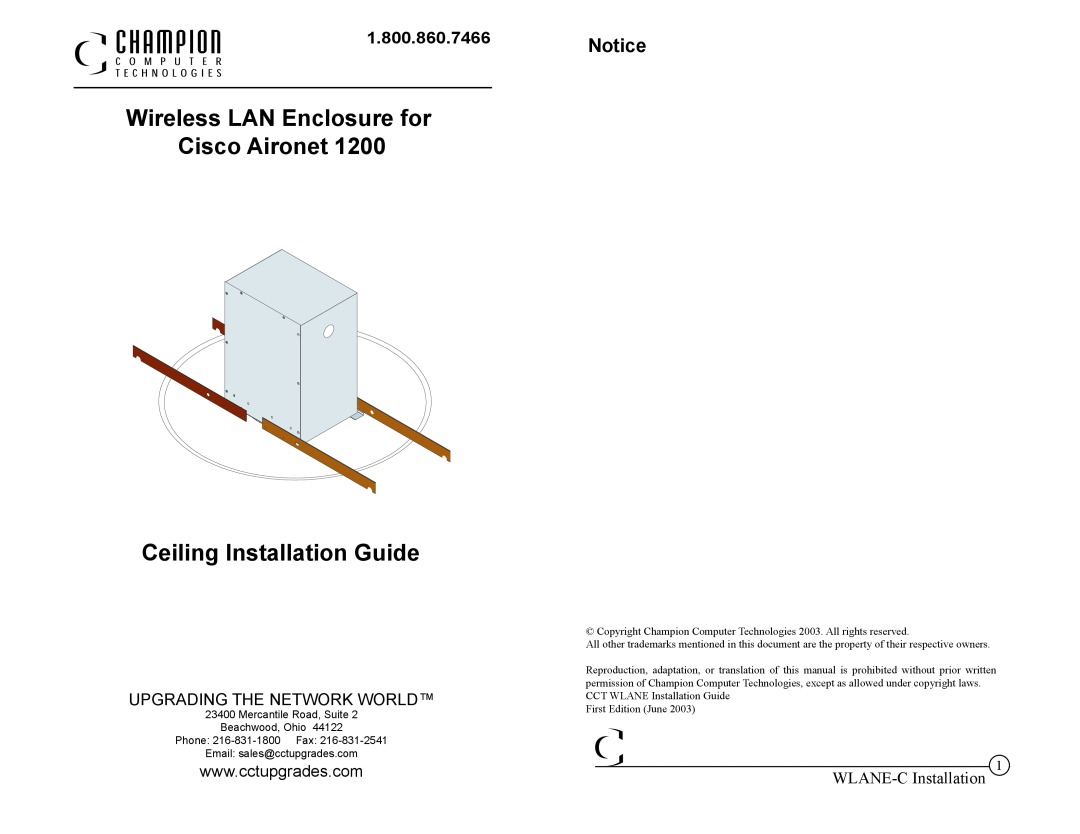Cisco Systems 1200 manual 1.800.860.7466, Wireless LAN Enclosure for Cisco Aironet Ceiling Installation Guide 