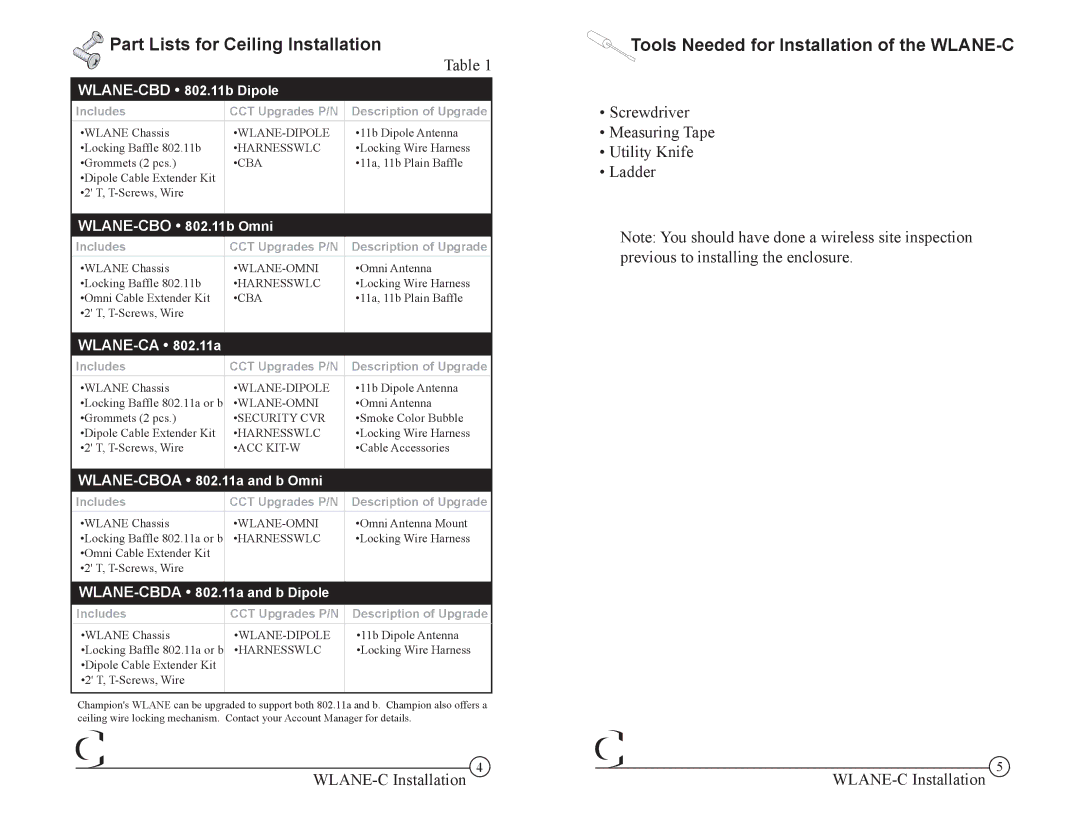 Cisco Systems 1200 manual Part Lists for Ceiling Installation, Tools Needed for Installation of the WLANE-C 