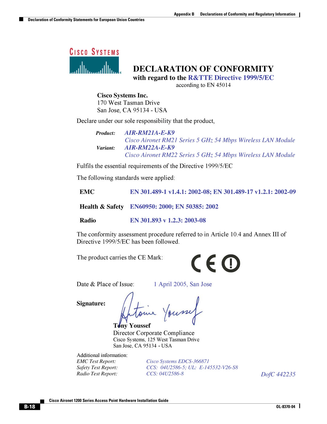 Cisco Systems 1200 manual Declaration of Conformity 