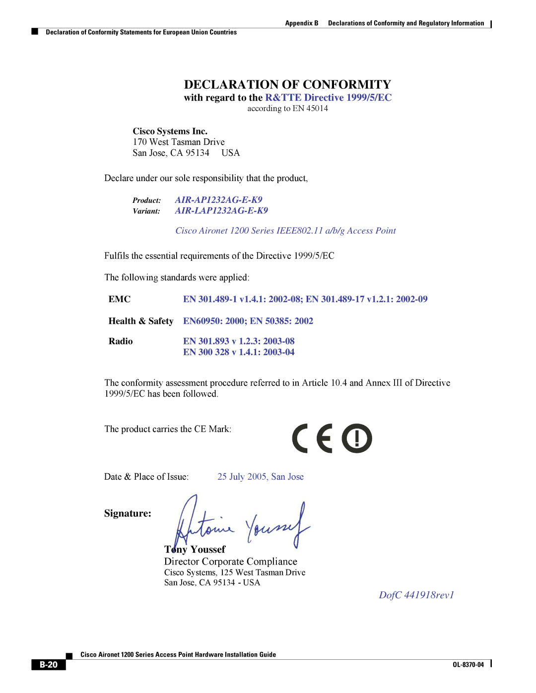 Cisco Systems 1200 manual Declaration of Conformity 