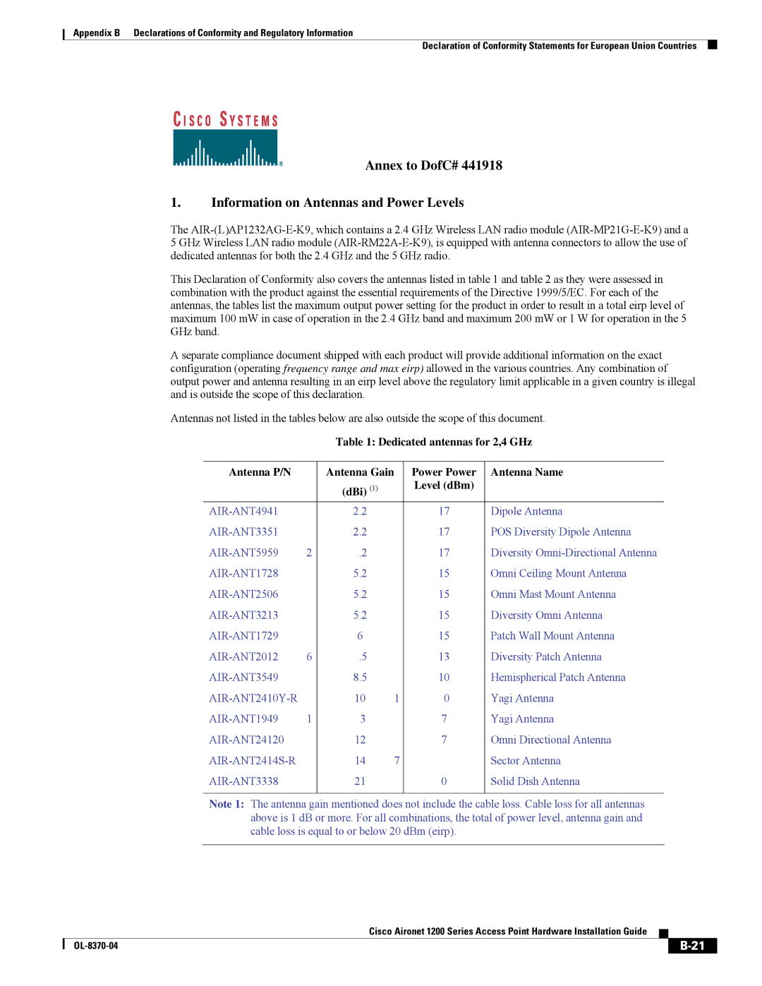 Cisco Systems 1200 manual Annex to DofC# Information on Antennas and Power Levels 