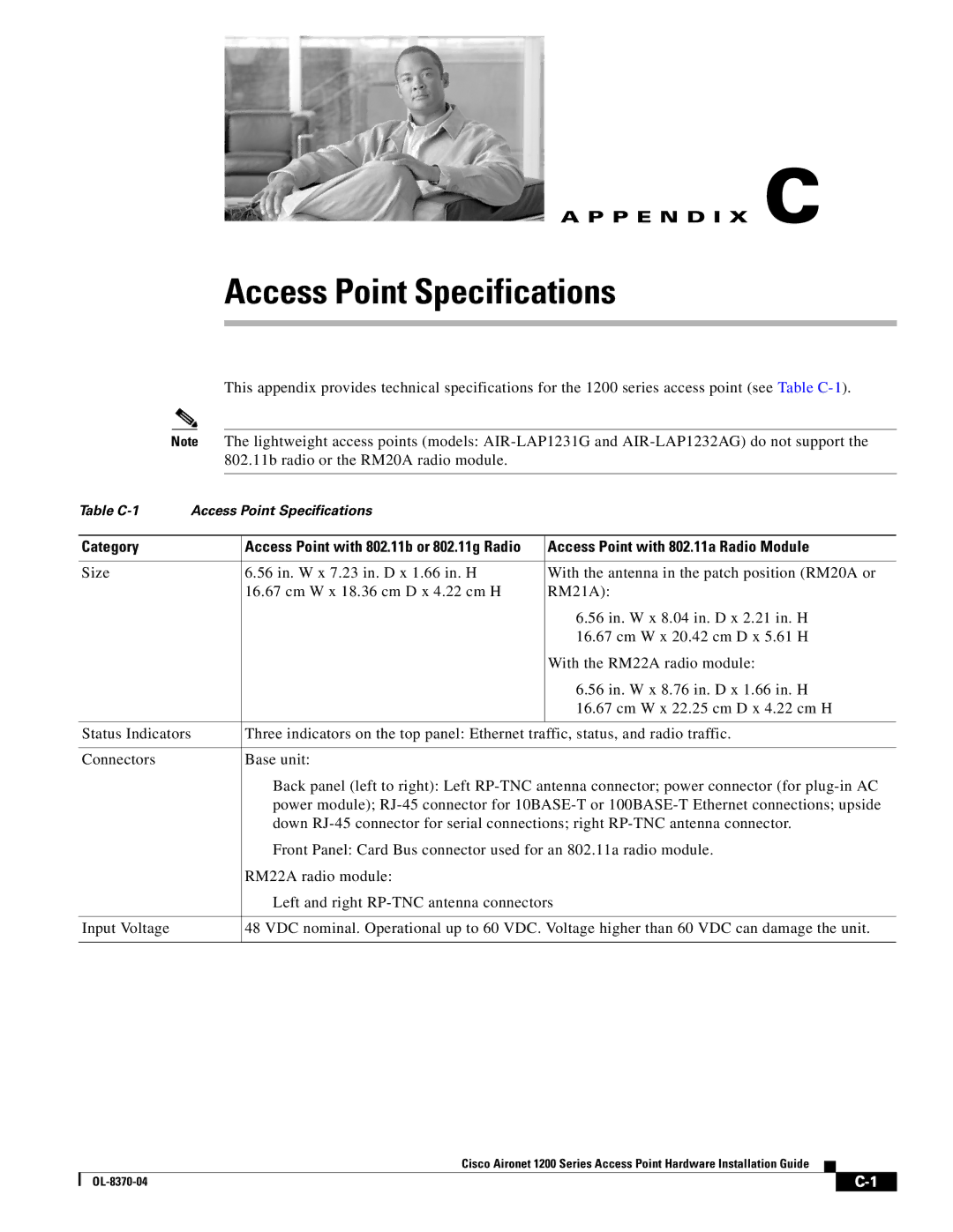 Cisco Systems 1200 manual Access Point Specifications, Access Point with 802.11a Radio Module 