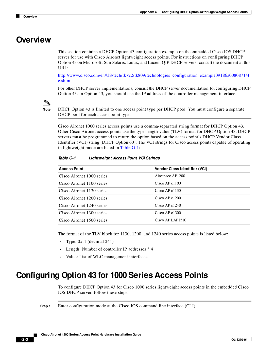 Cisco Systems 1200 manual Configuring Option 43 for 1000 Series Access Points, Access Point Vendor Class Identifier VCI 