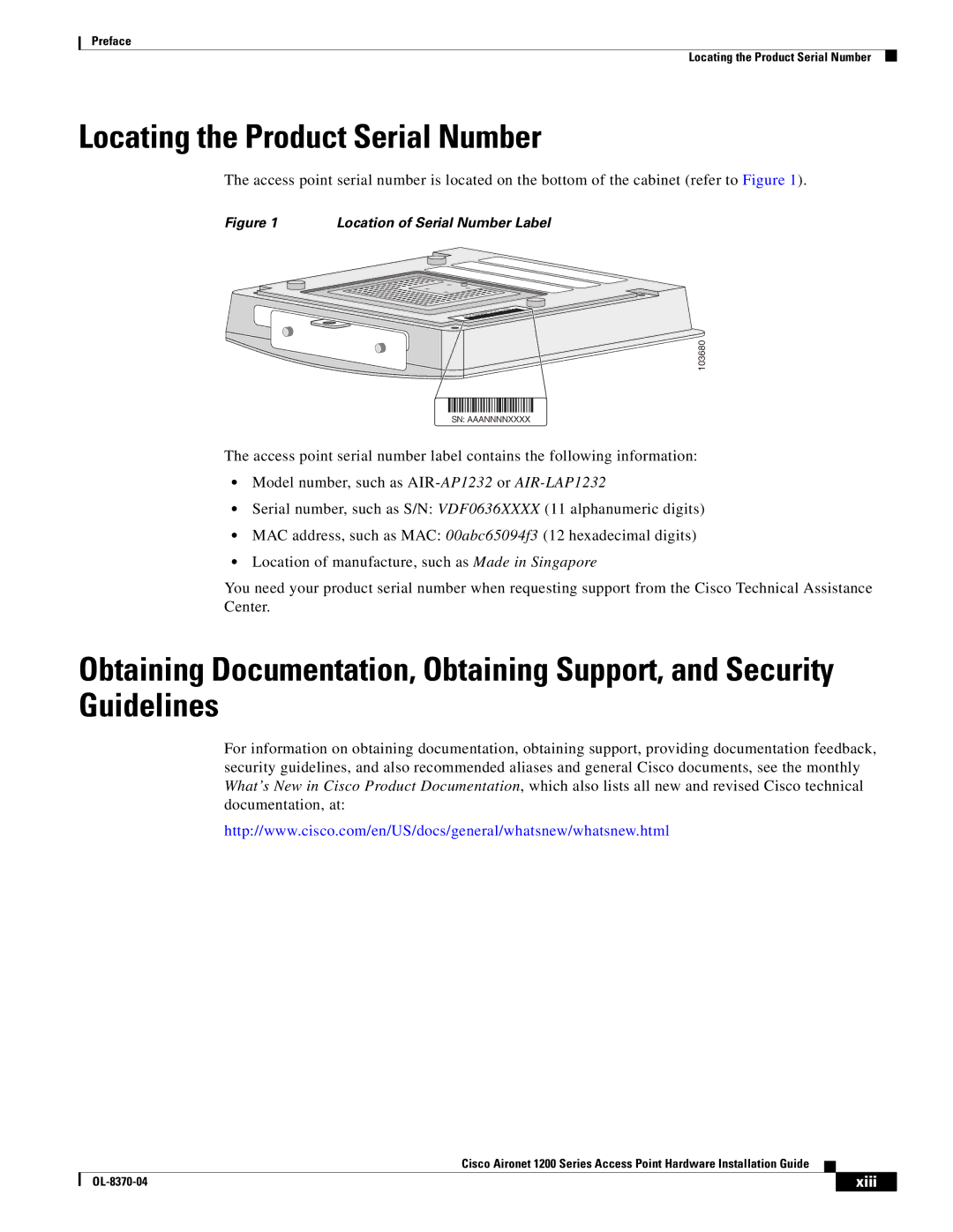 Cisco Systems 1200 manual Locating the Product Serial Number, Xiii 