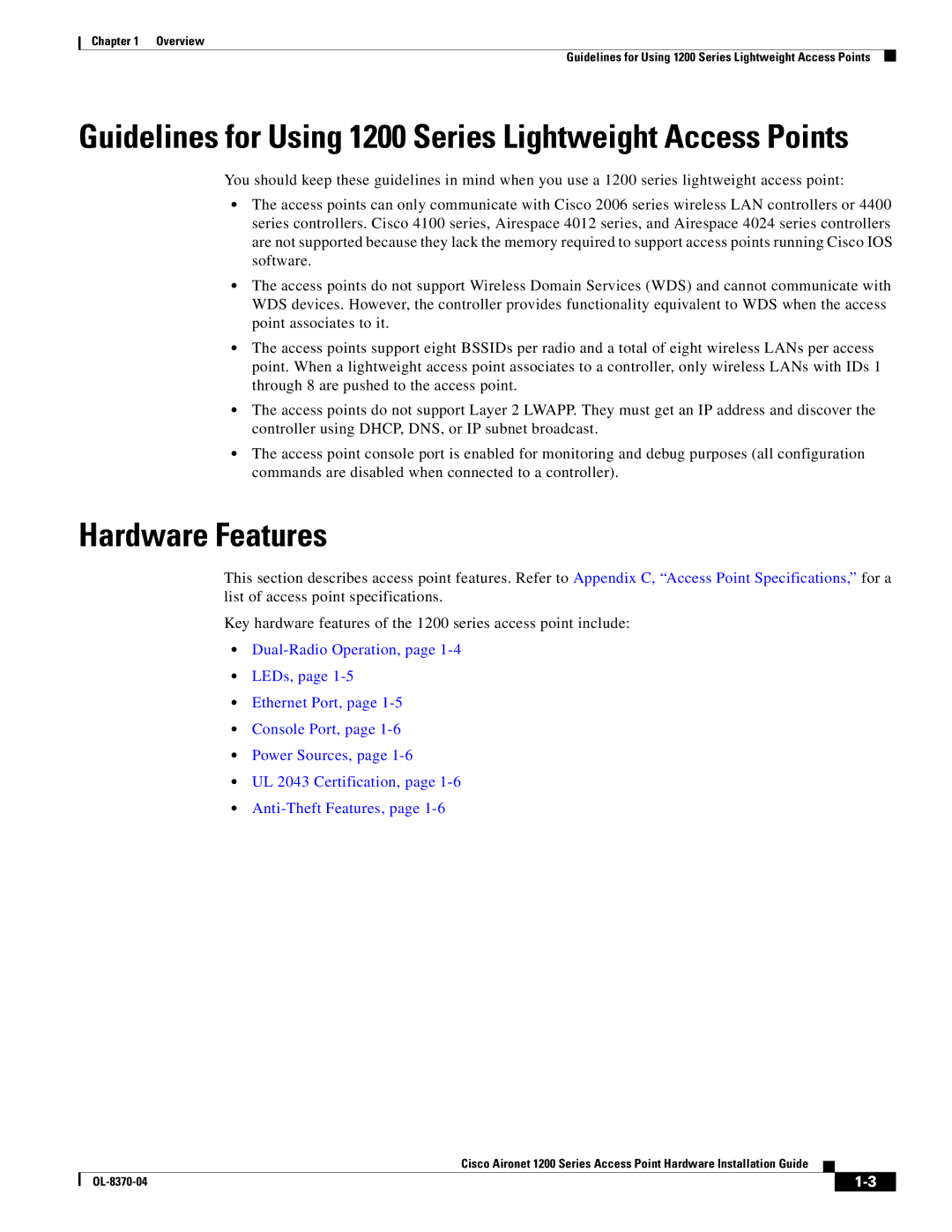 Cisco Systems manual Hardware Features, Guidelines for Using 1200 Series Lightweight Access Points 