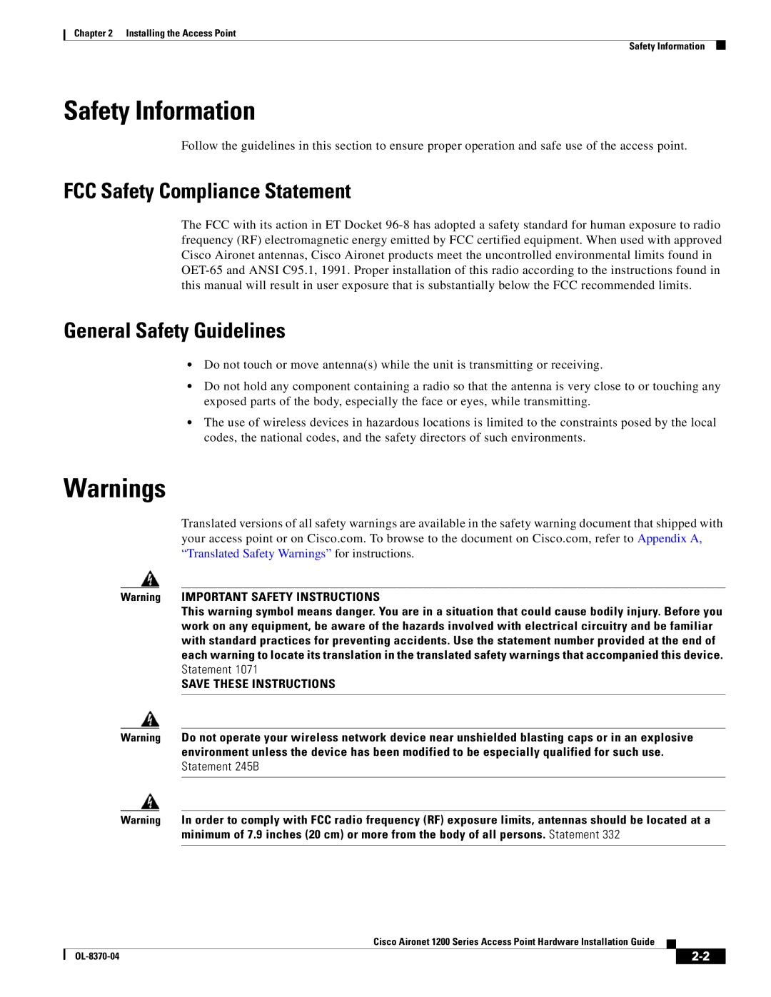 Cisco Systems 1200 manual Safety Information, FCC Safety Compliance Statement, General Safety Guidelines 