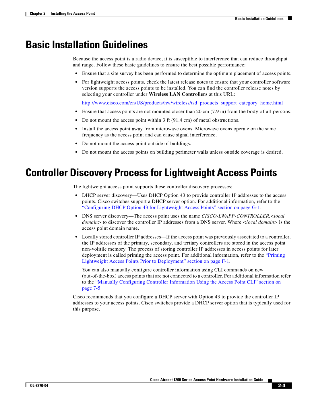 Cisco Systems 1200 manual Basic Installation Guidelines, Controller Discovery Process for Lightweight Access Points 