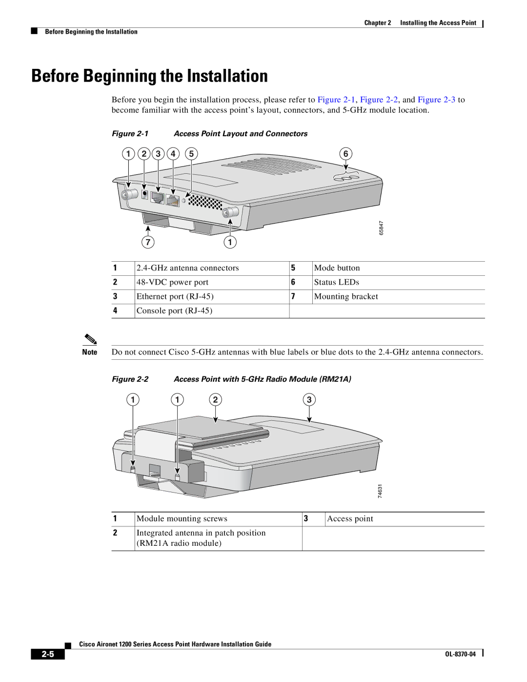 Cisco Systems 1200 manual Before Beginning the Installation, Access Point Layout and Connectors 