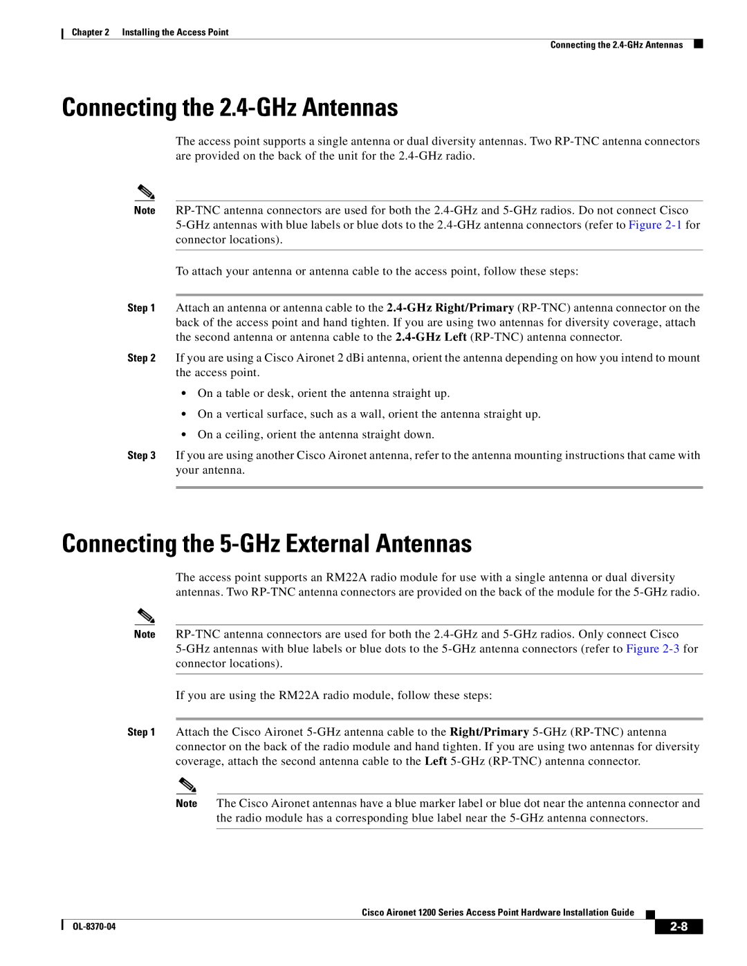 Cisco Systems 1200 manual Connecting the 2.4-GHz Antennas, Connecting the 5-GHz External Antennas 