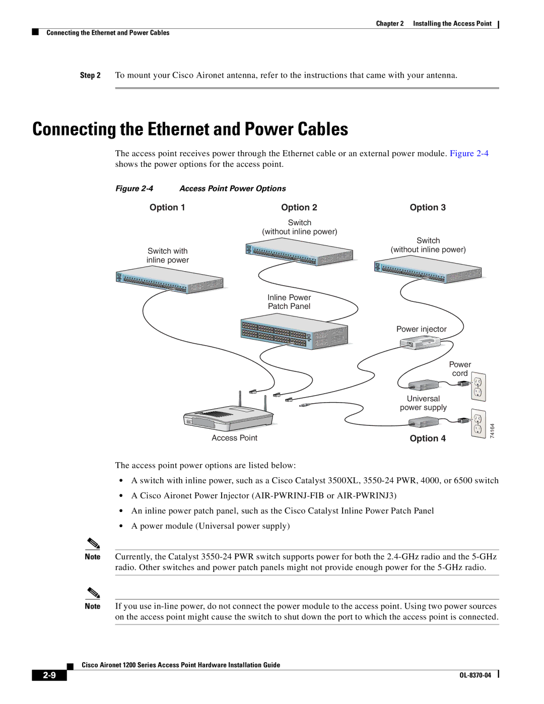 Cisco Systems 1200 manual Connecting the Ethernet and Power Cables, Access Point Power Options 