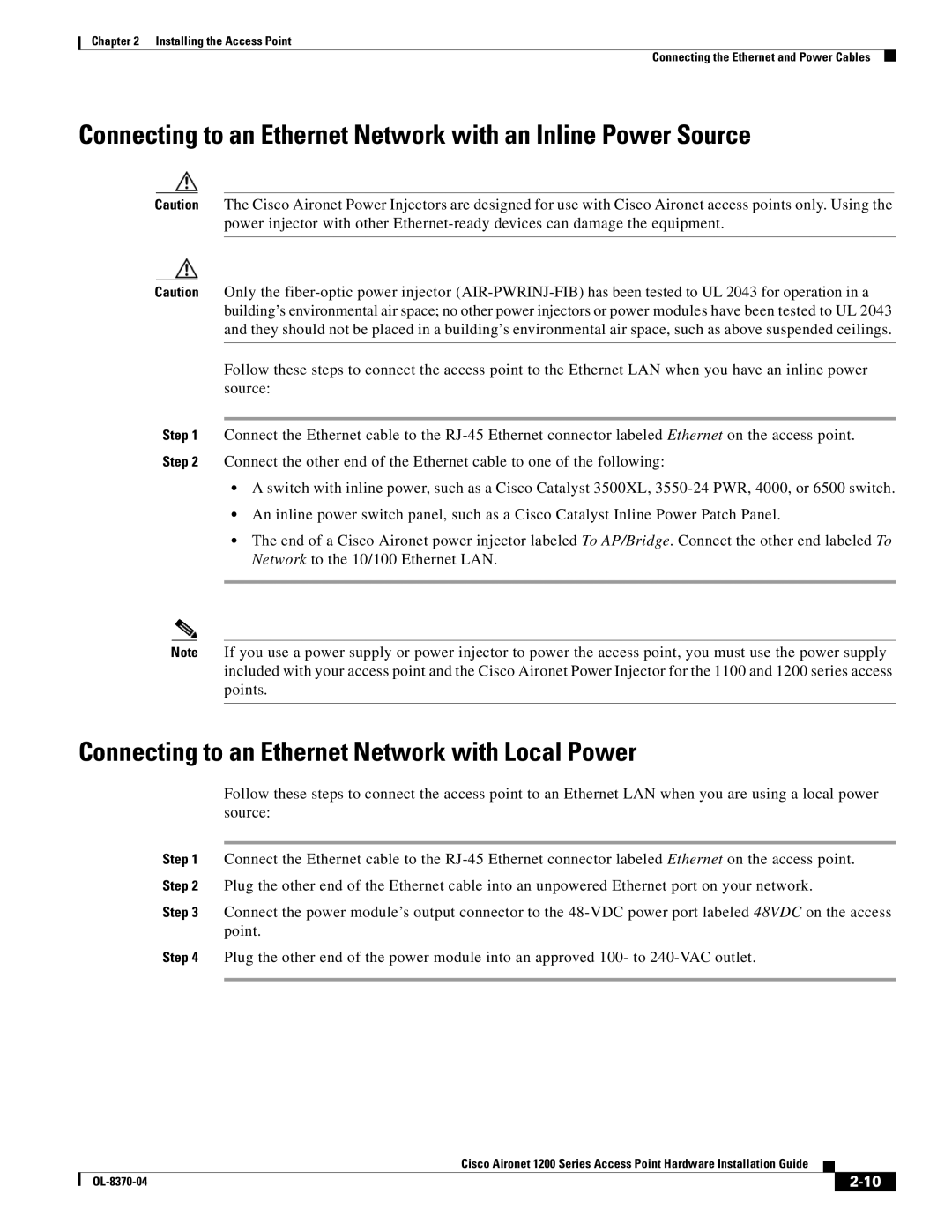 Cisco Systems 1200 manual Connecting to an Ethernet Network with Local Power 