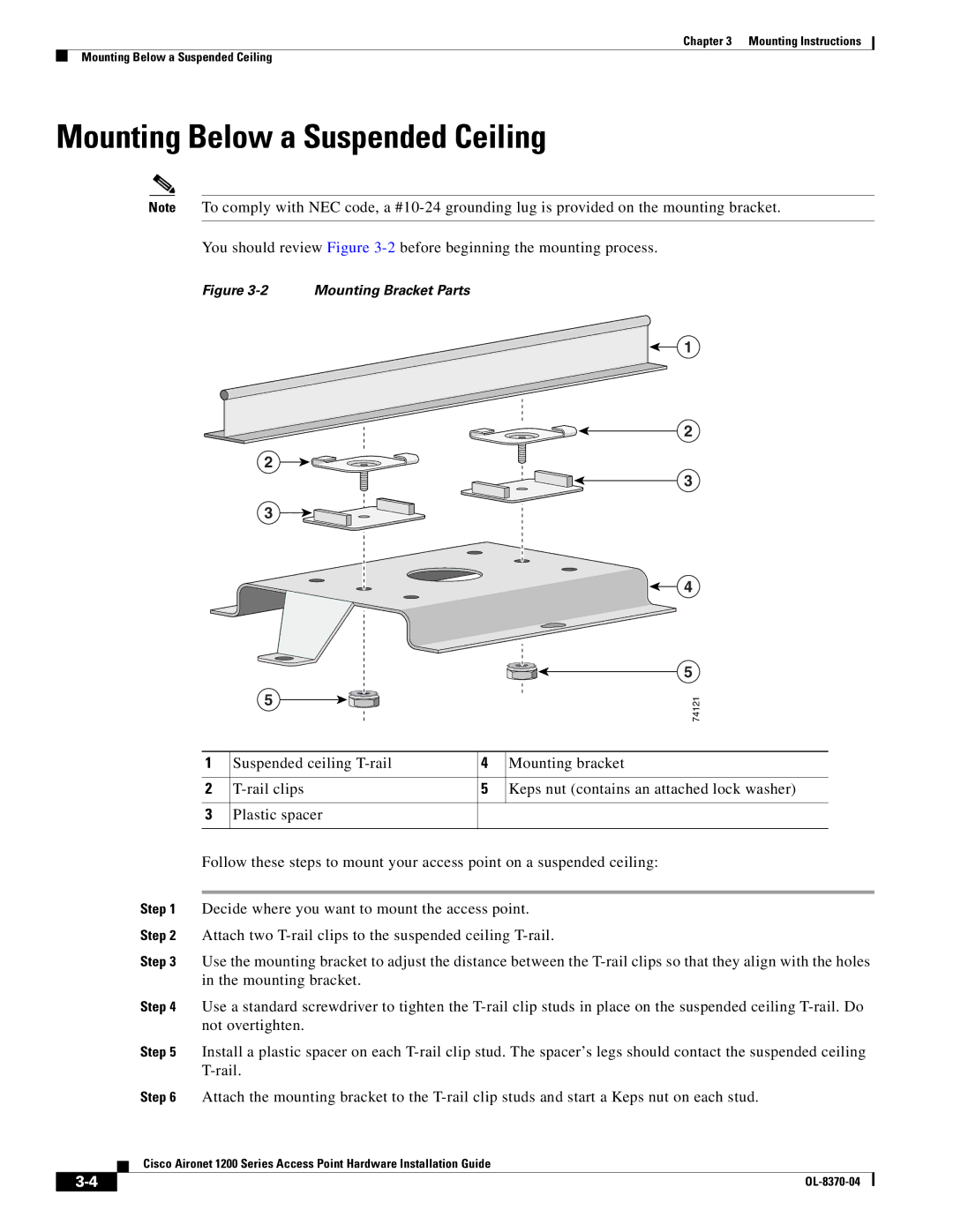 Cisco Systems 1200 manual Mounting Below a Suspended Ceiling, Mounting Bracket Parts 