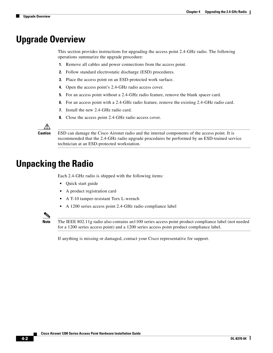 Cisco Systems 1200 manual Upgrade Overview, Unpacking the Radio 