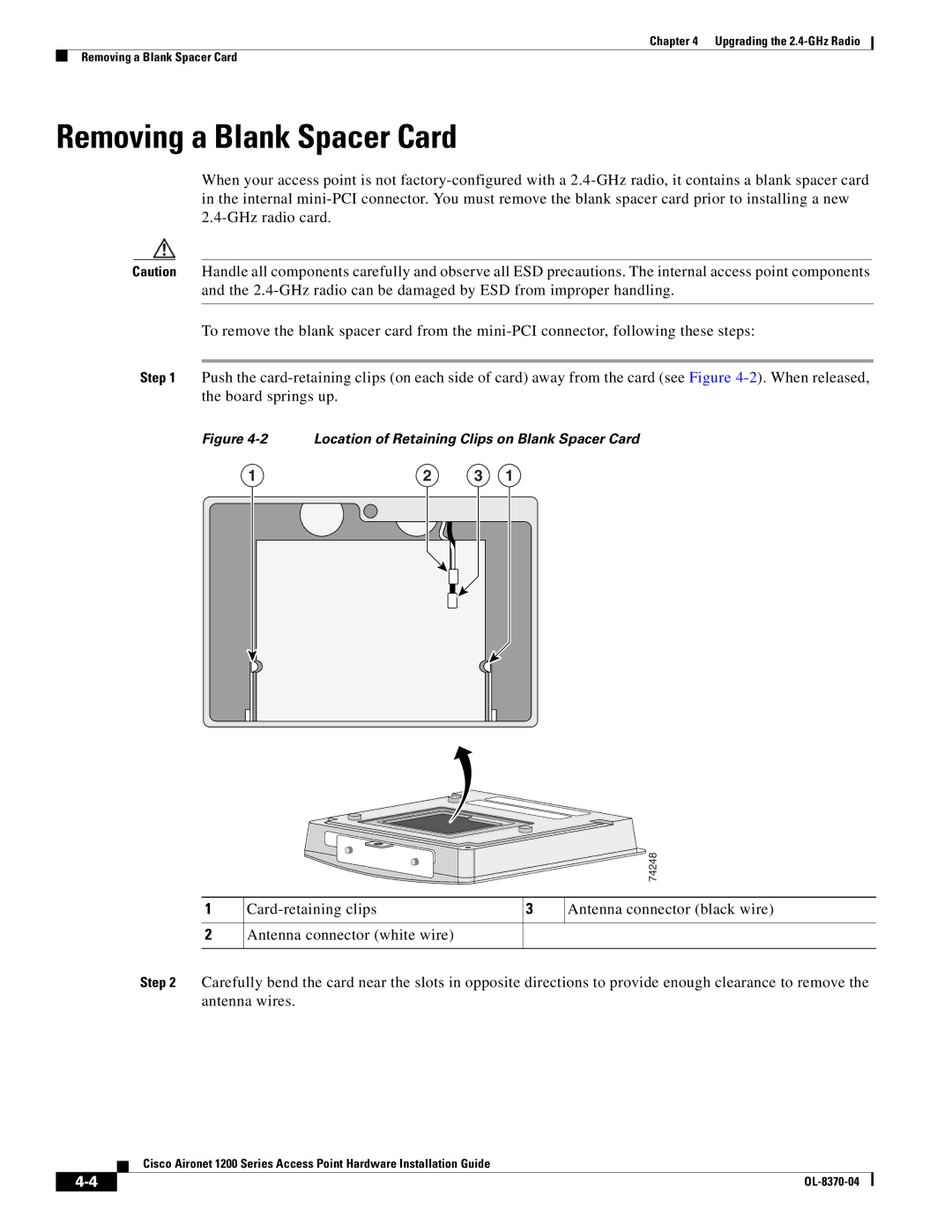 Cisco Systems 1200 manual Removing a Blank Spacer Card, Location of Retaining Clips on Blank Spacer Card 