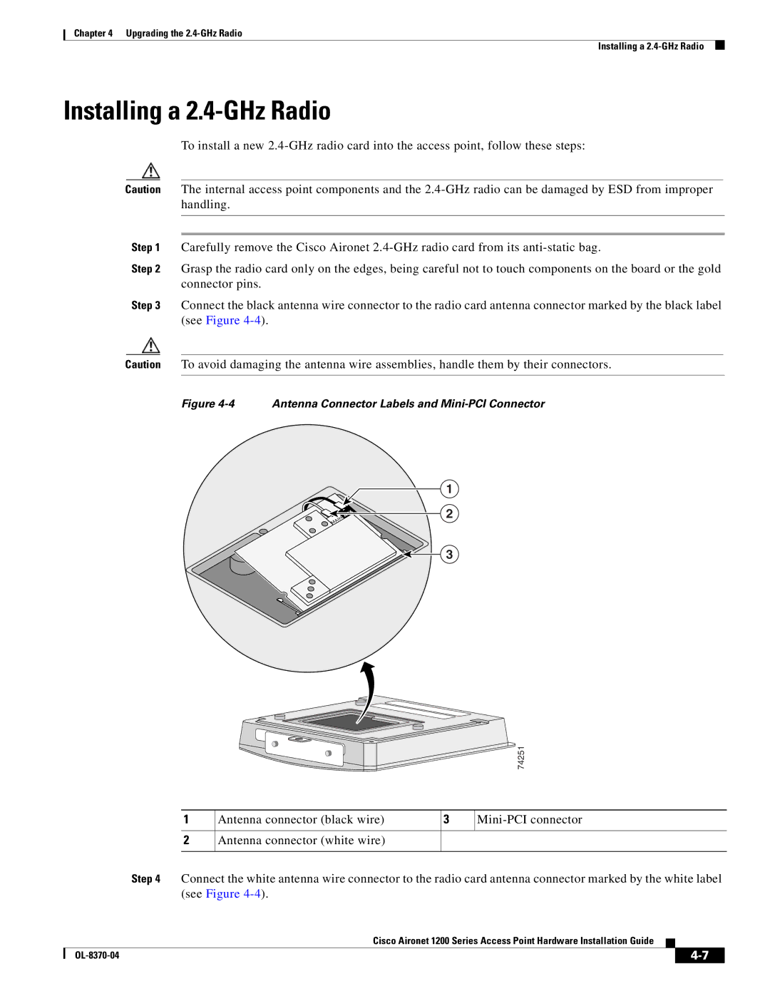 Cisco Systems 1200 manual Installing a 2.4-GHz Radio, Antenna Connector Labels and Mini-PCI Connector 