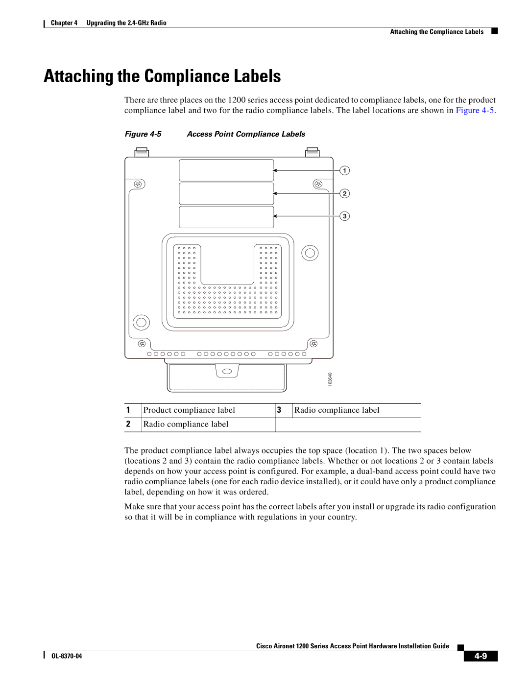 Cisco Systems 1200 manual Attaching the Compliance Labels, Access Point Compliance Labels 