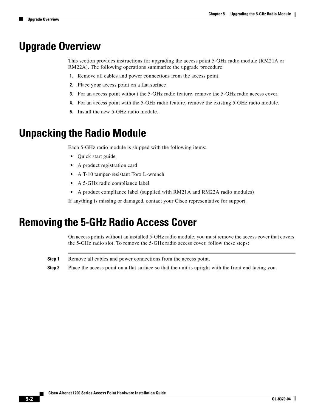 Cisco Systems 1200 manual Unpacking the Radio Module, Removing the 5-GHz Radio Access Cover 