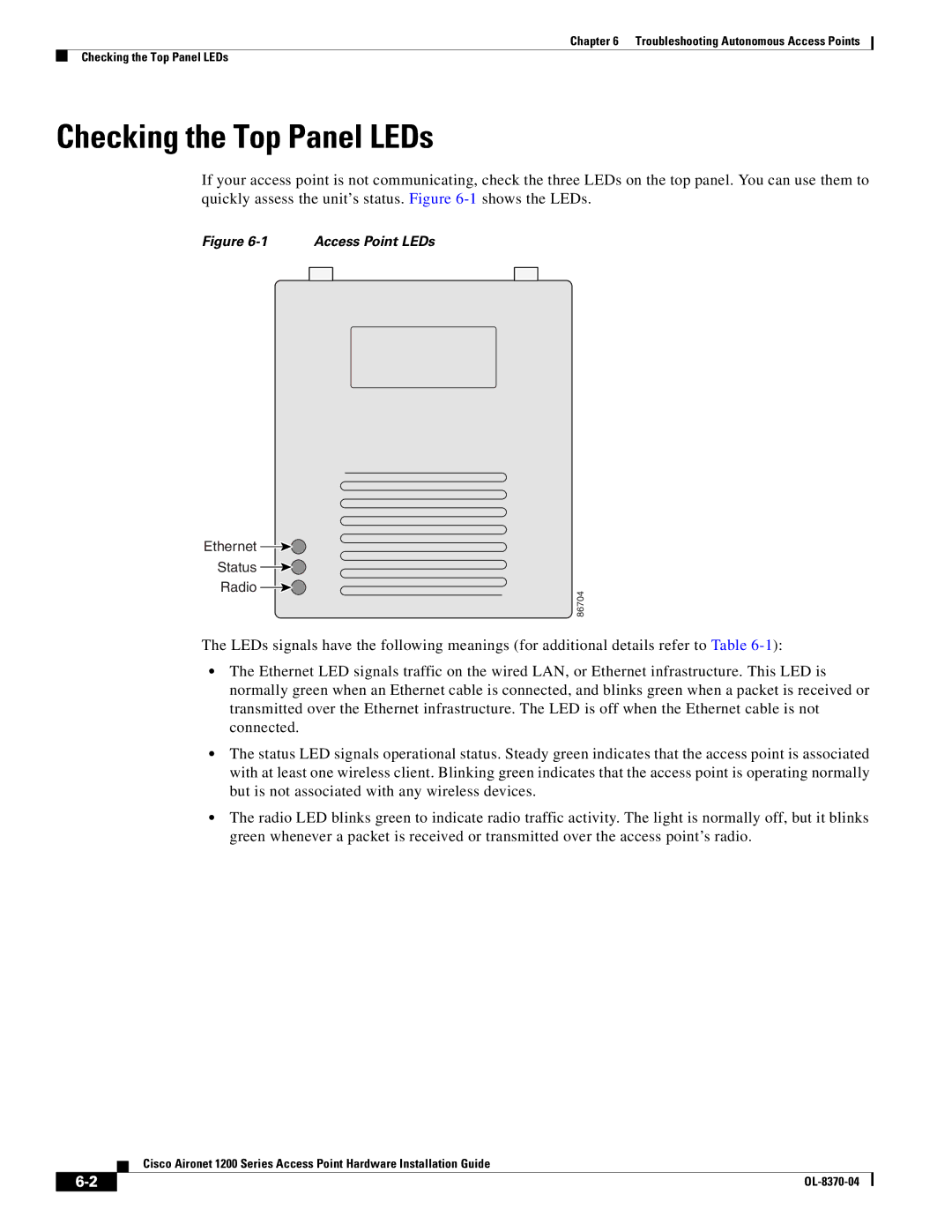 Cisco Systems 1200 manual Checking the Top Panel LEDs, Access Point LEDs 