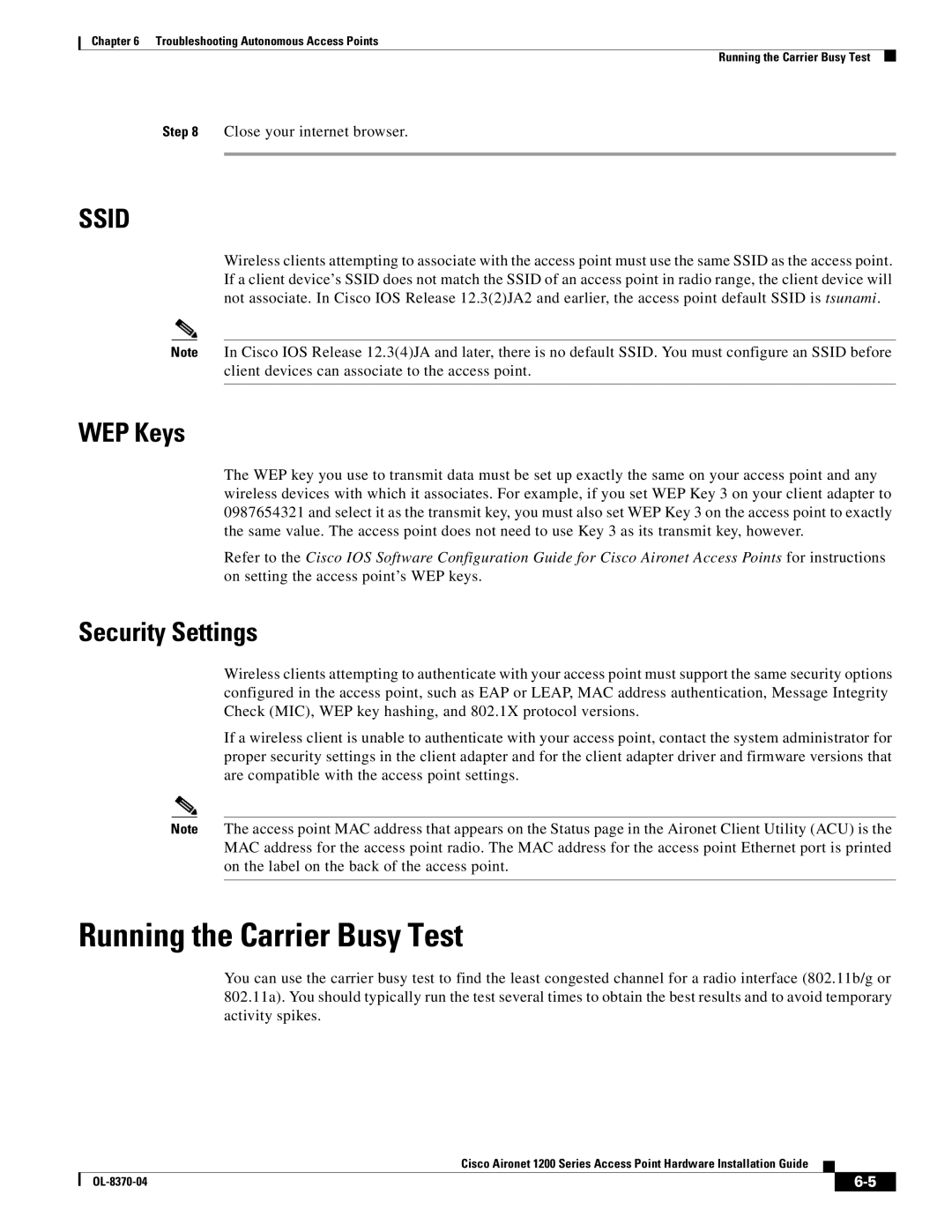 Cisco Systems 1200 manual Running the Carrier Busy Test, WEP Keys, Security Settings 