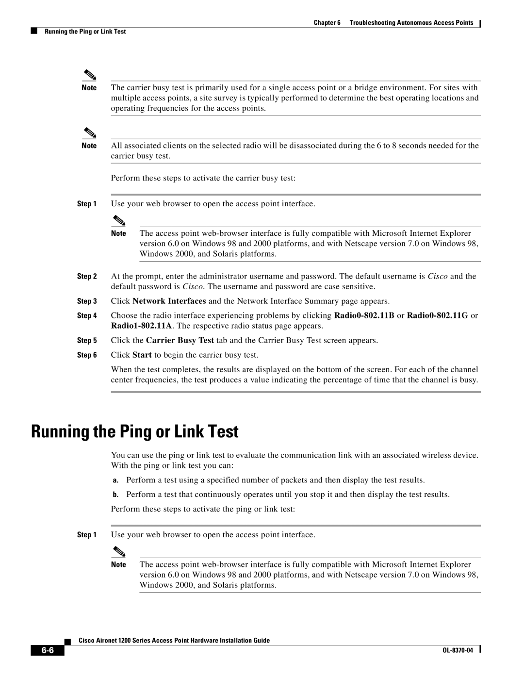 Cisco Systems 1200 manual Running the Ping or Link Test 