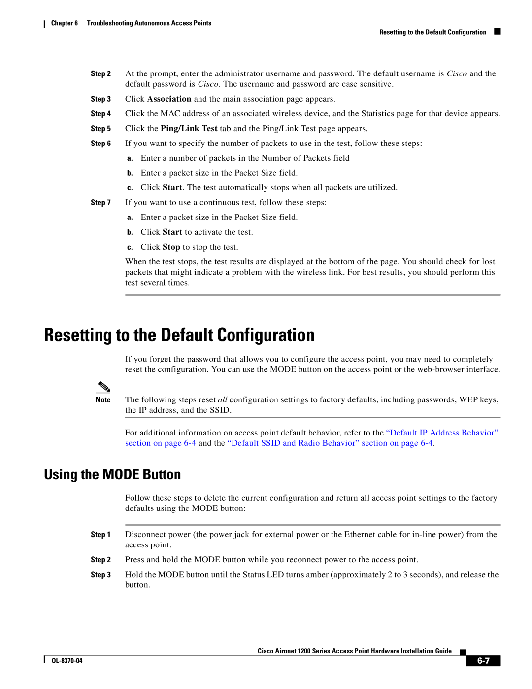 Cisco Systems 1200 manual Resetting to the Default Configuration, Using the Mode Button 