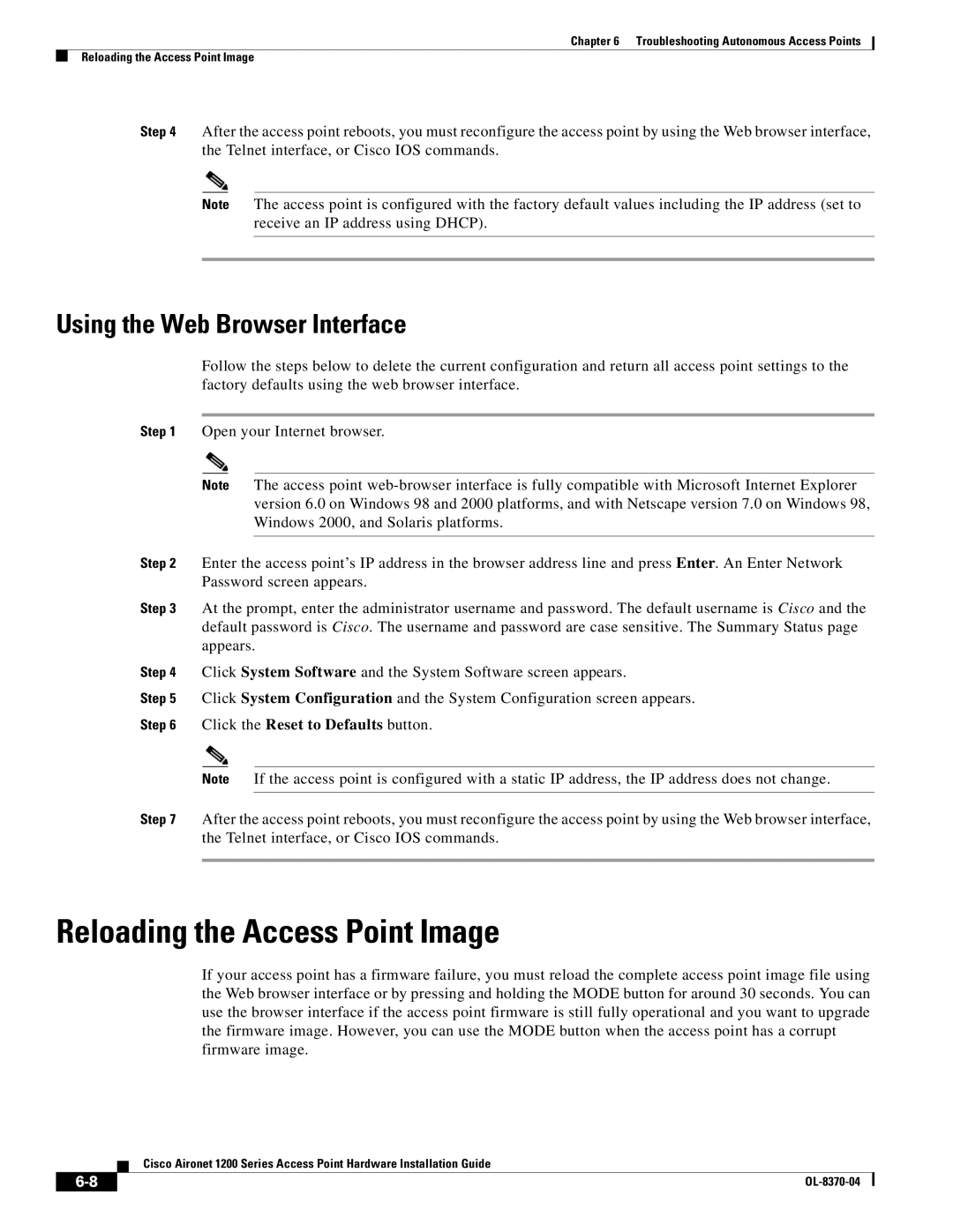 Cisco Systems 1200 manual Reloading the Access Point Image, Using the Web Browser Interface 