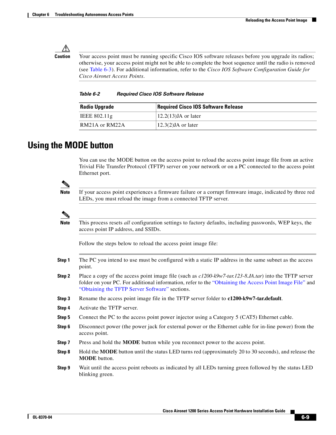 Cisco Systems 1200 manual Radio Upgrade Required Cisco IOS Software Release 