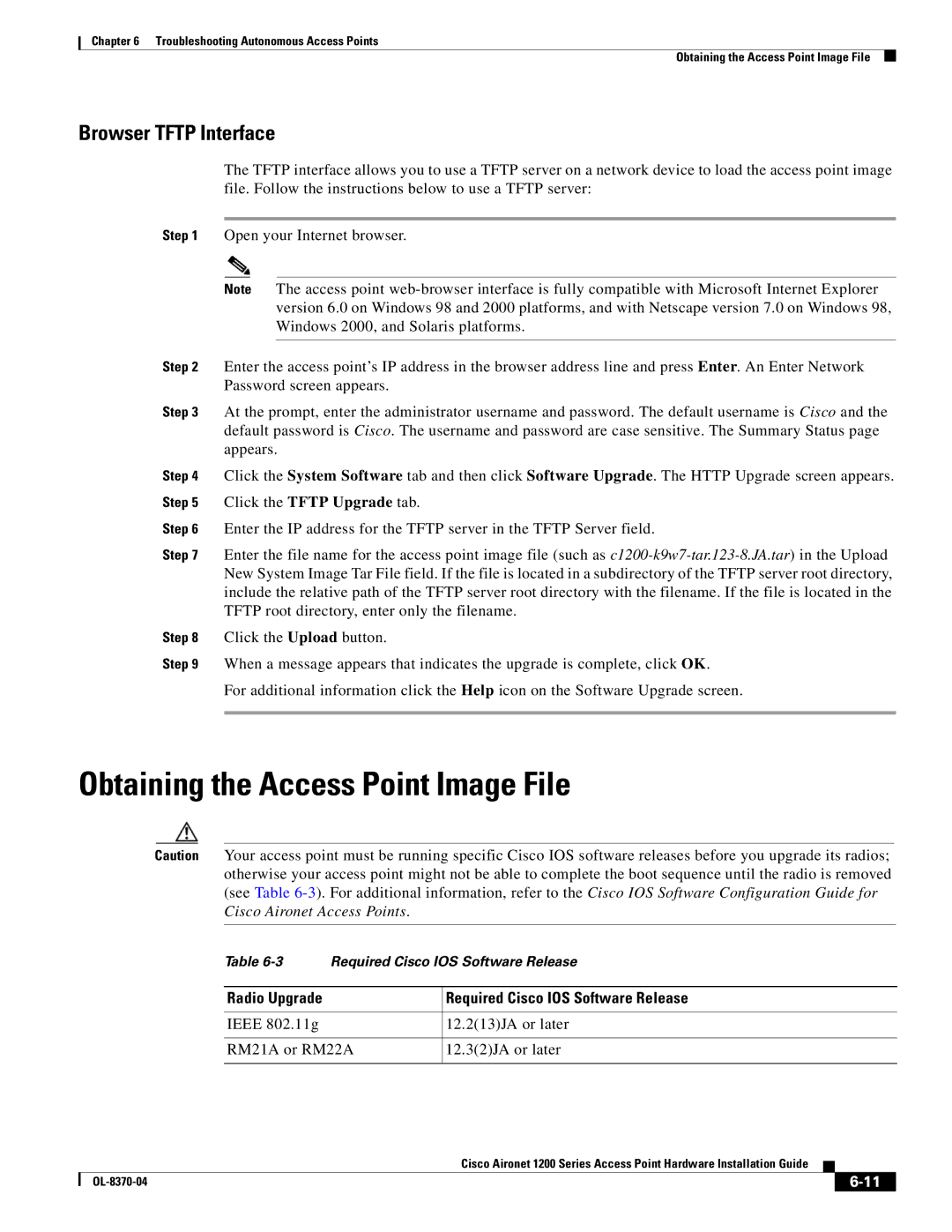 Cisco Systems 1200 manual Obtaining the Access Point Image File, Browser Tftp Interface 