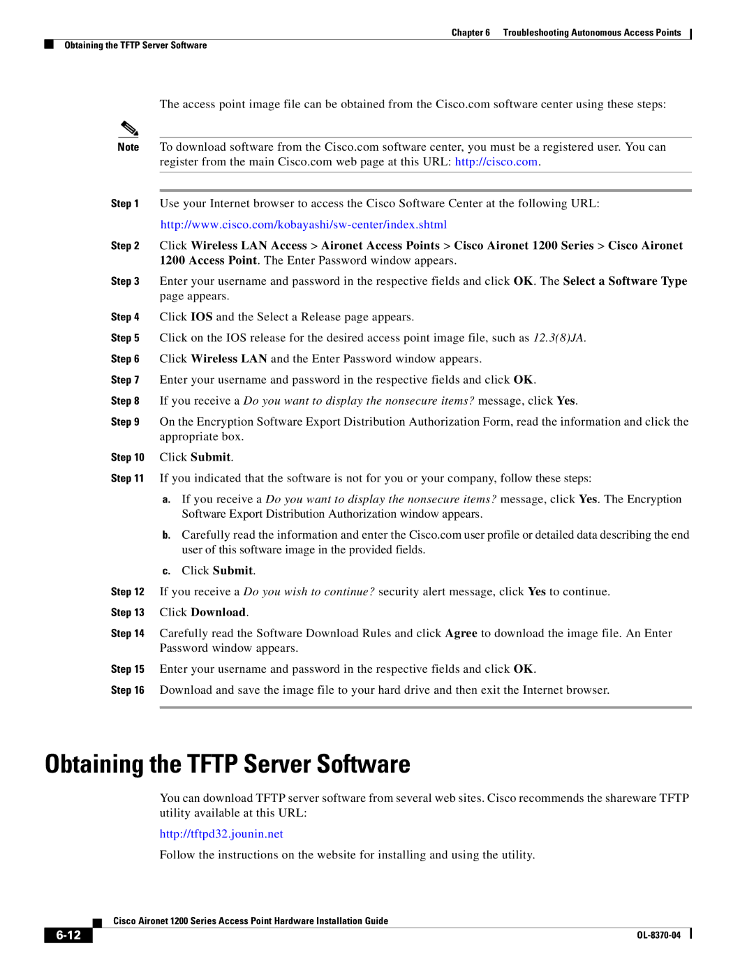 Cisco Systems 1200 manual Obtaining the Tftp Server Software, Http//tftpd32.jounin.net 