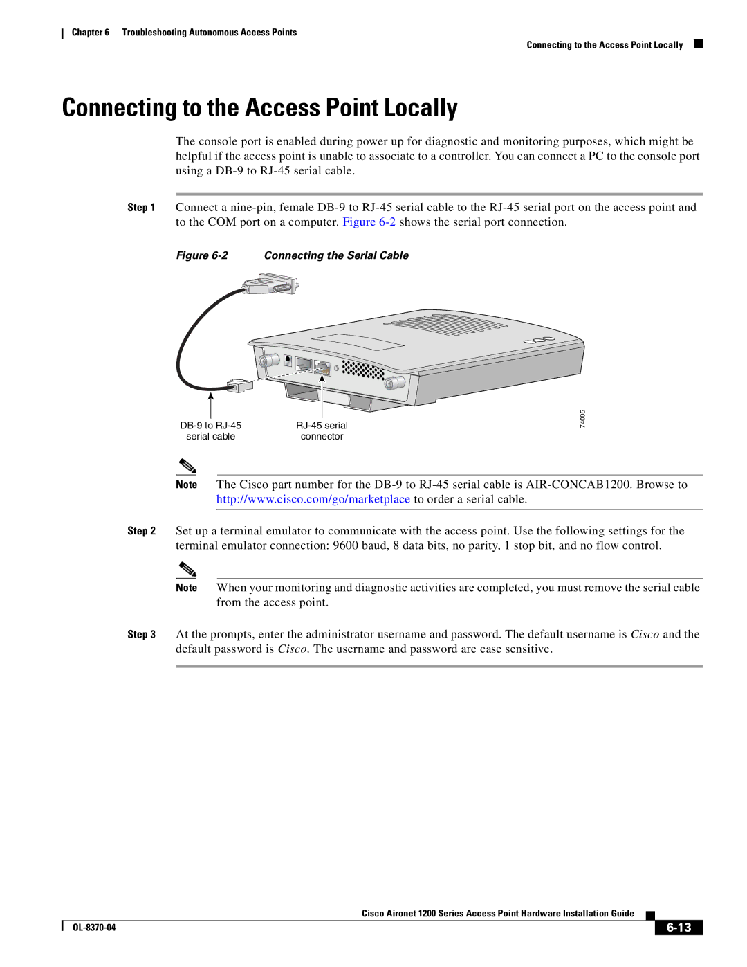 Cisco Systems 1200 manual Connecting to the Access Point Locally, Connecting the Serial Cable 