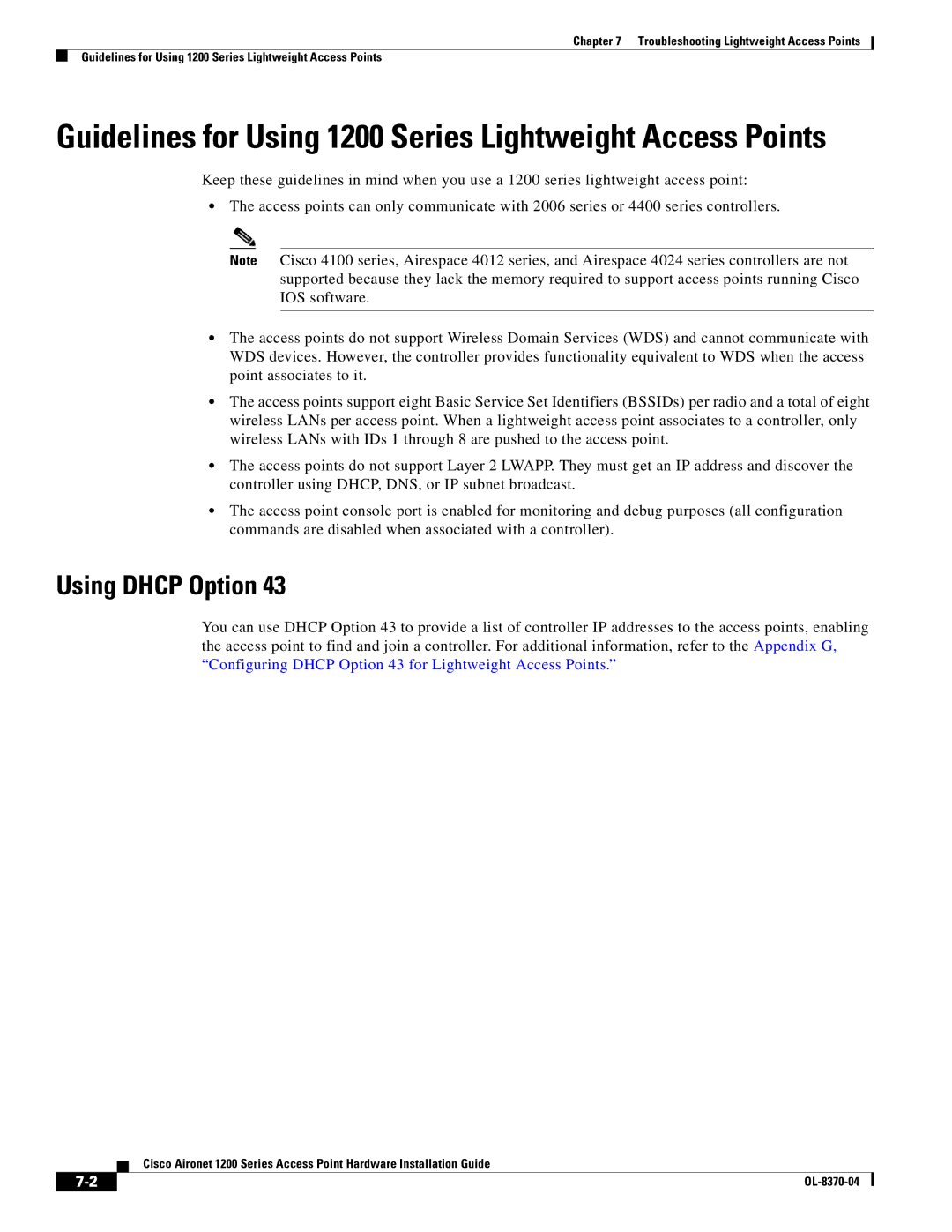 Cisco Systems 1200 manual Using Dhcp Option 