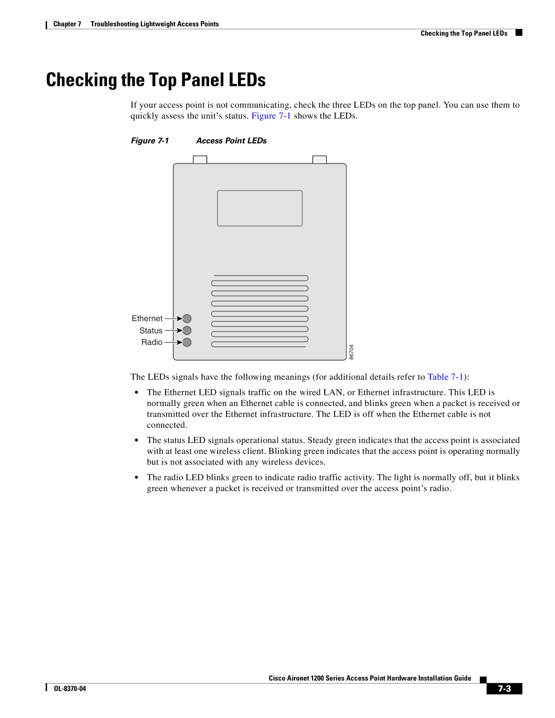 Cisco Systems 1200 manual Checking the Top Panel LEDs 