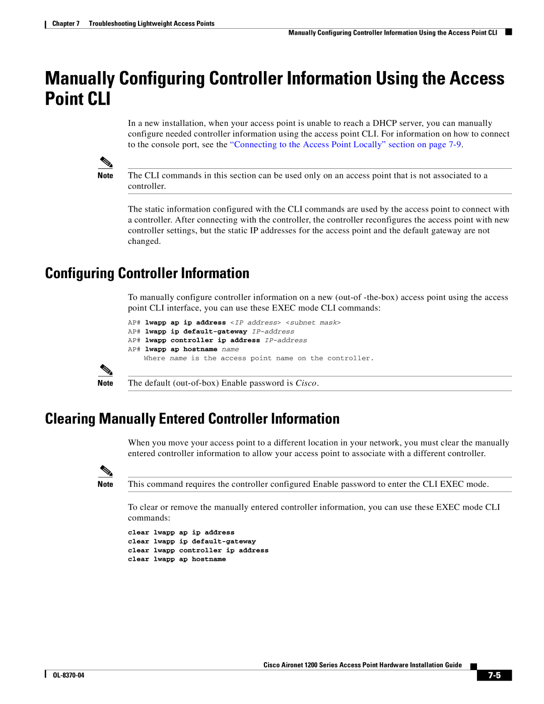 Cisco Systems 1200 manual Configuring Controller Information, Clearing Manually Entered Controller Information 