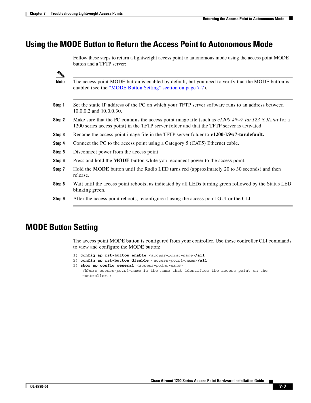 Cisco Systems 1200 manual Mode Button Setting 