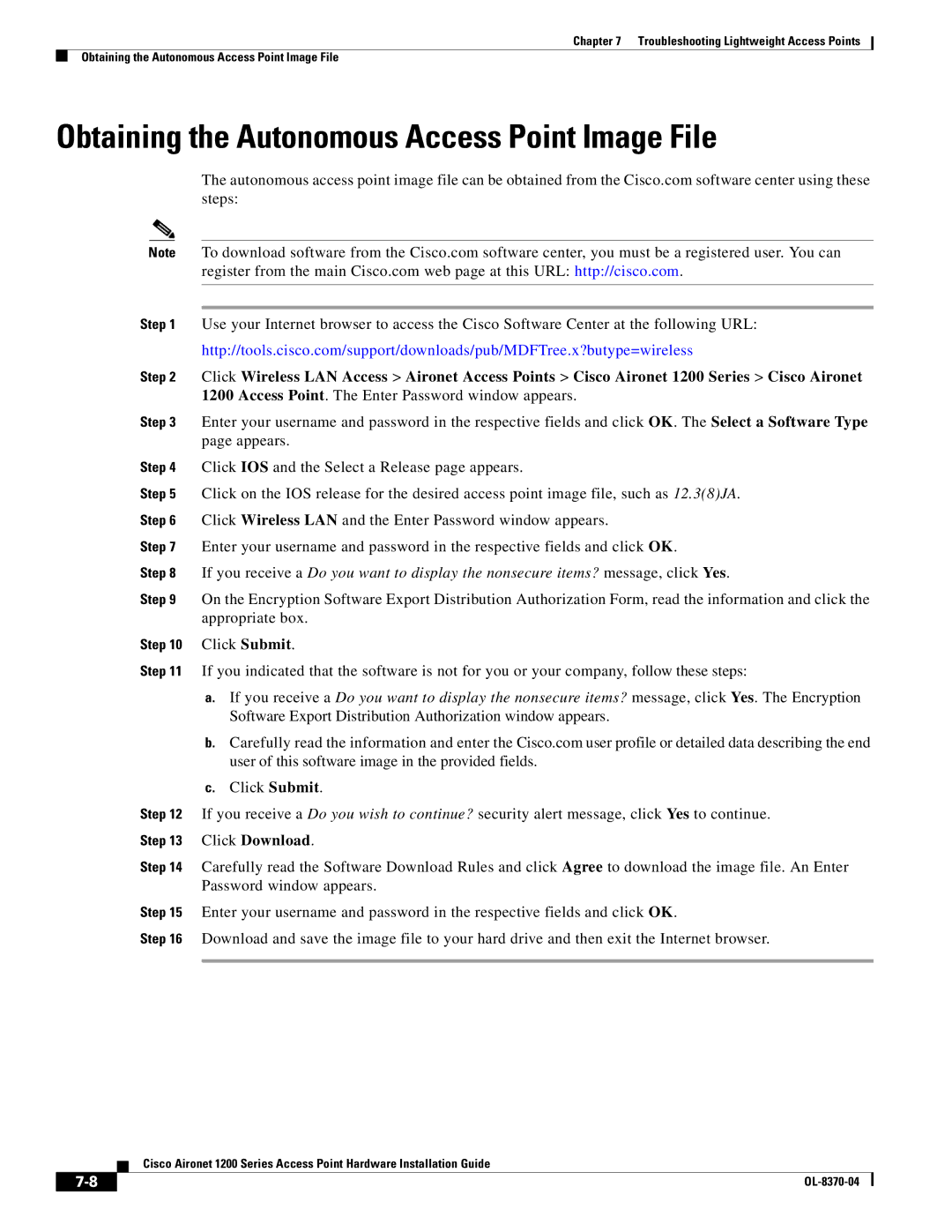 Cisco Systems 1200 manual Obtaining the Autonomous Access Point Image File 