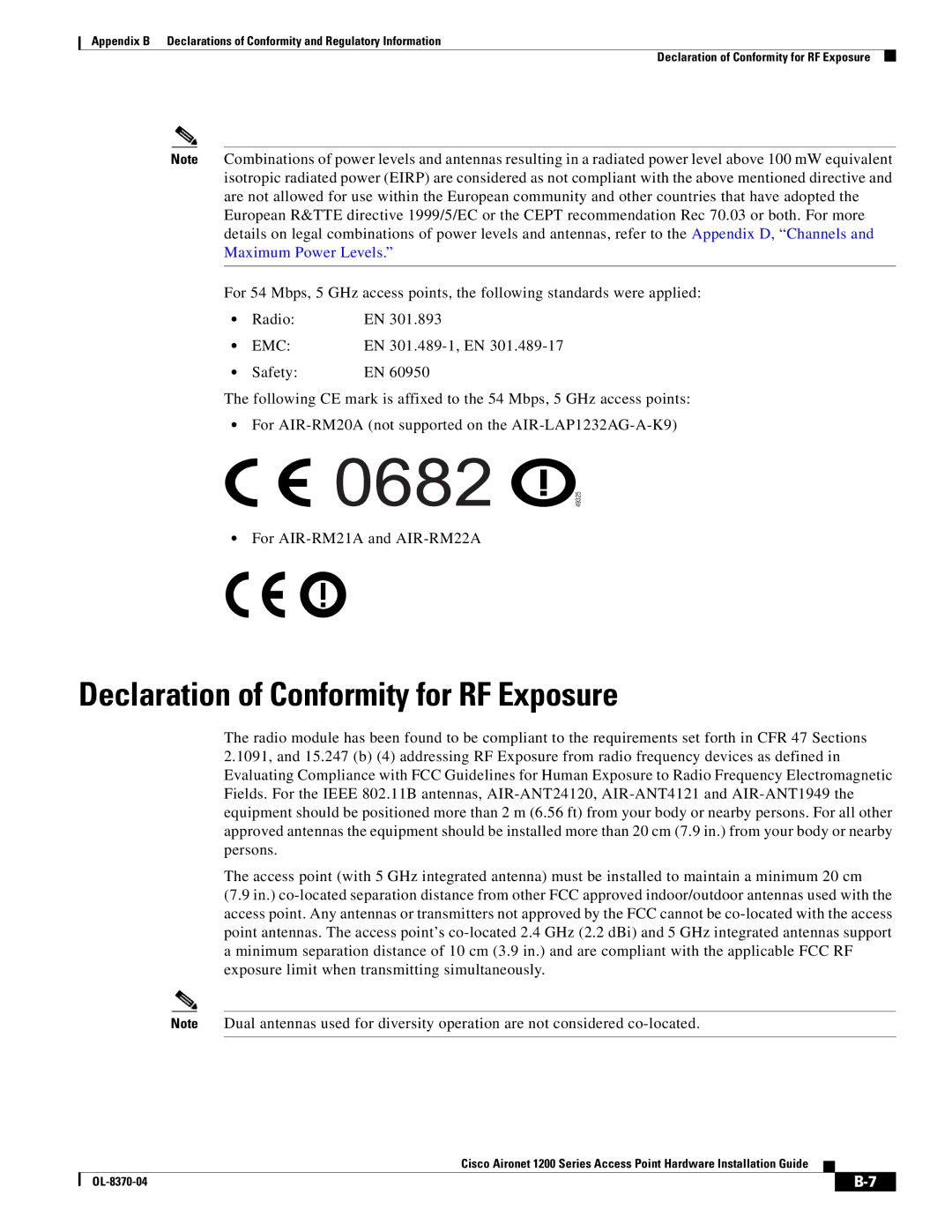 Cisco Systems 1200 manual Declaration of Conformity for RF Exposure 